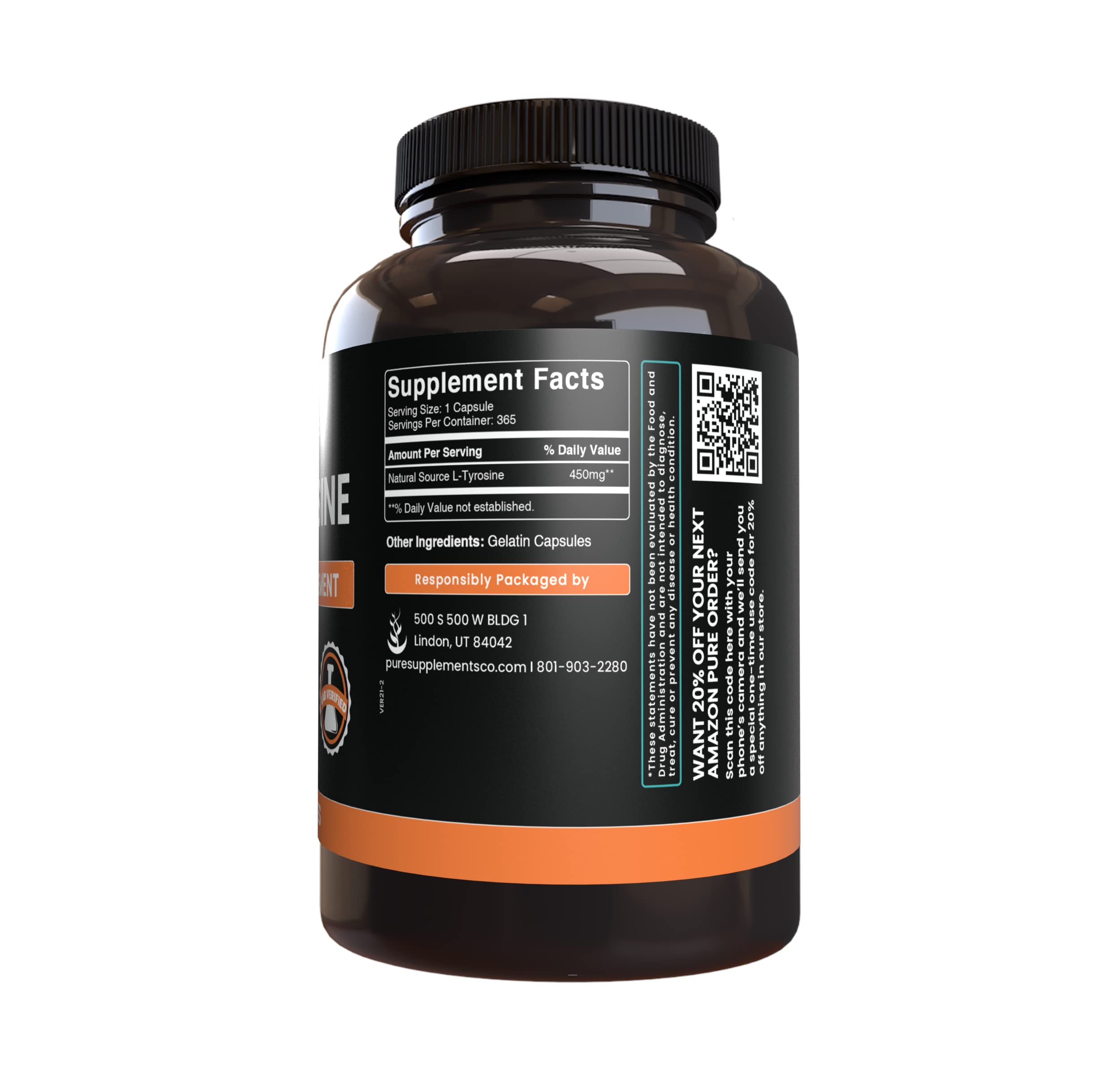 365-day supply label on L-Tyrosine bottle