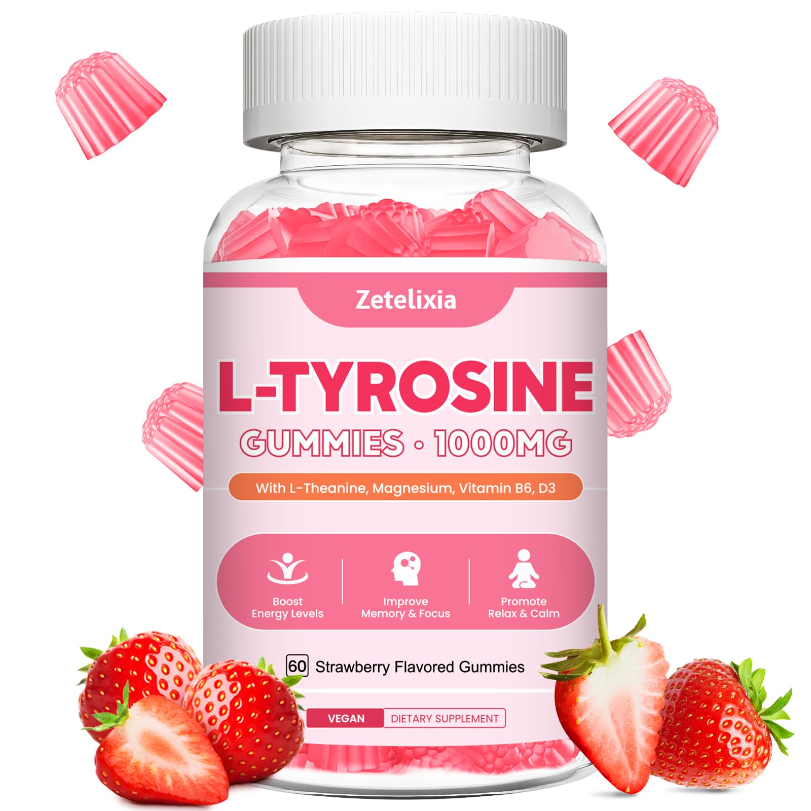 L Tyrosine Gummies bottle front view with Strawberry flavor, 60 count