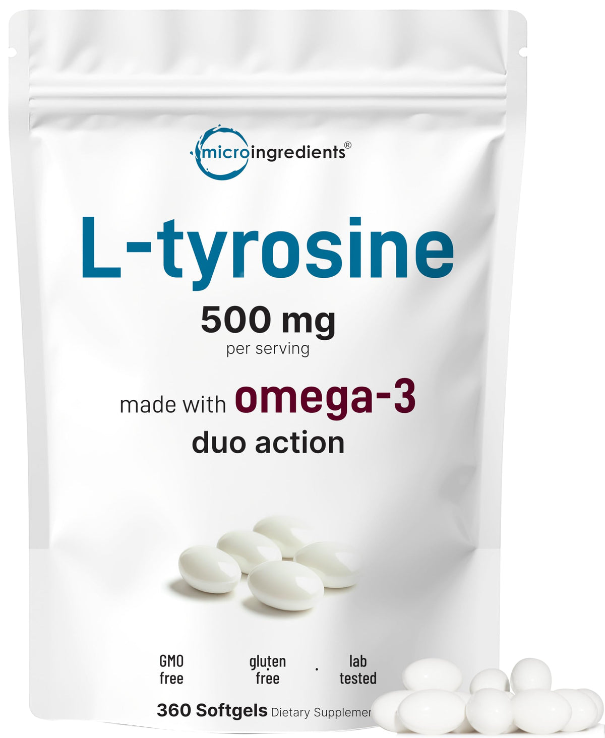 Bottle of L-Tyrosine + Omega-3 softgels, 360-count