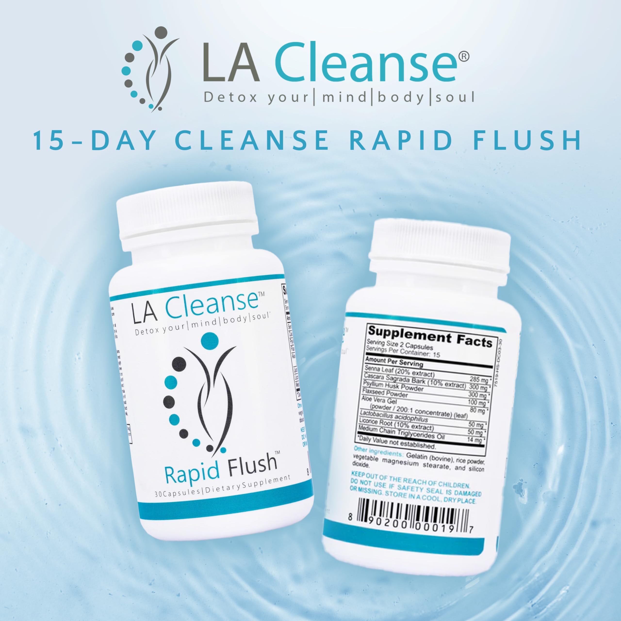 LA Cleanse 15-day cleanse packaging displays complete gut detox plan for busy routines.