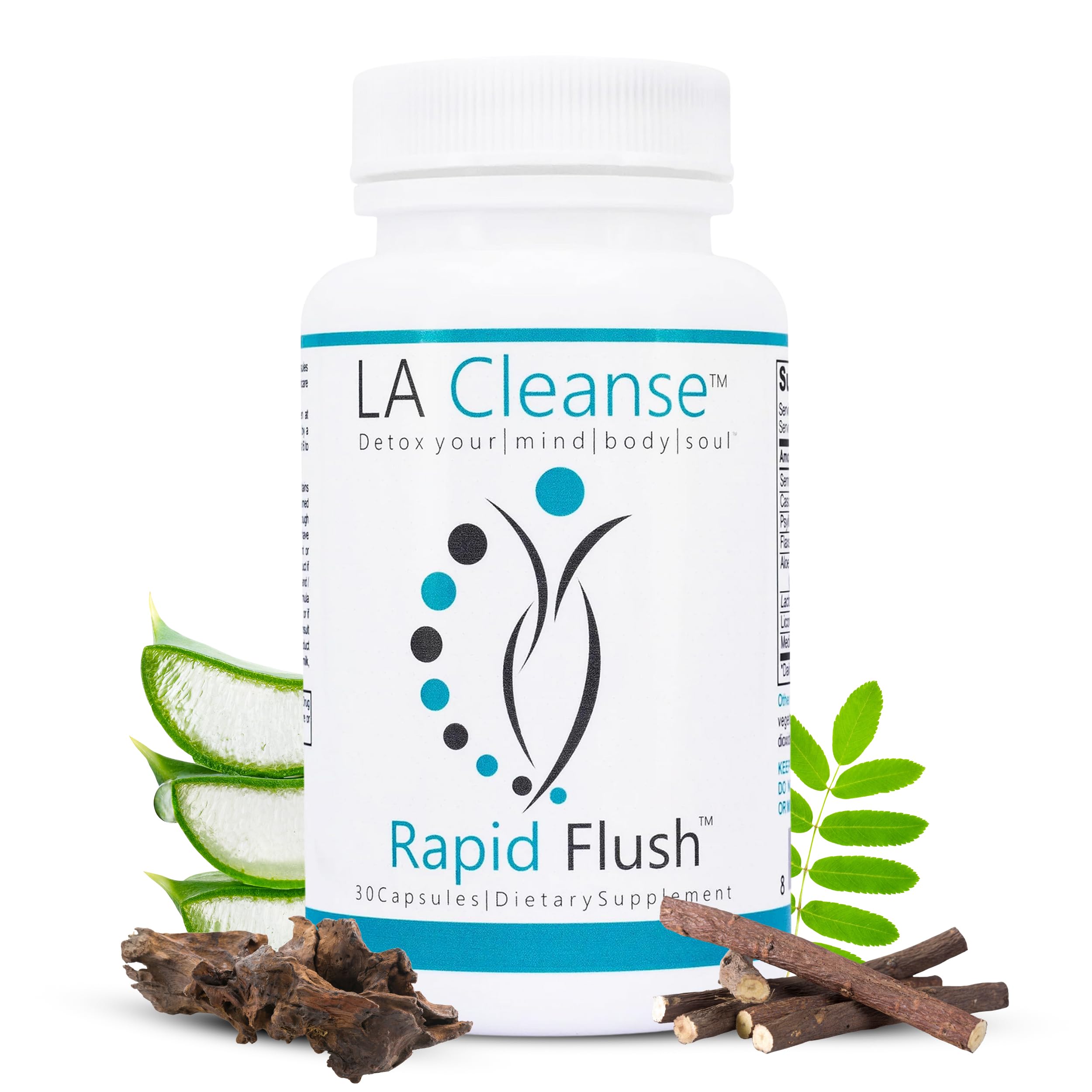 LA Cleanse rapid flush bottle closeup capsules support daily gut health.
