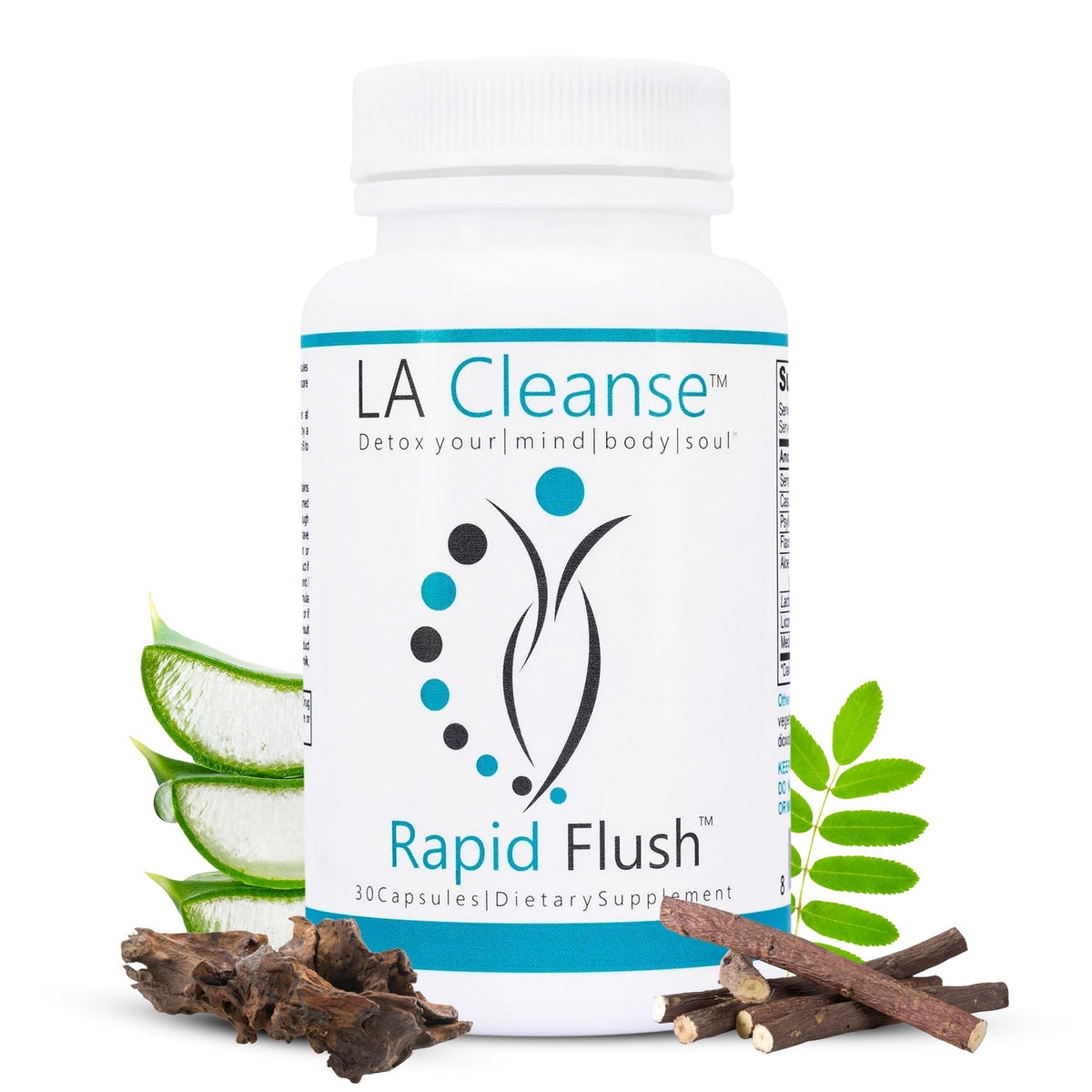 LA Cleanse rapid flush bottle closeup capsules support daily gut health.