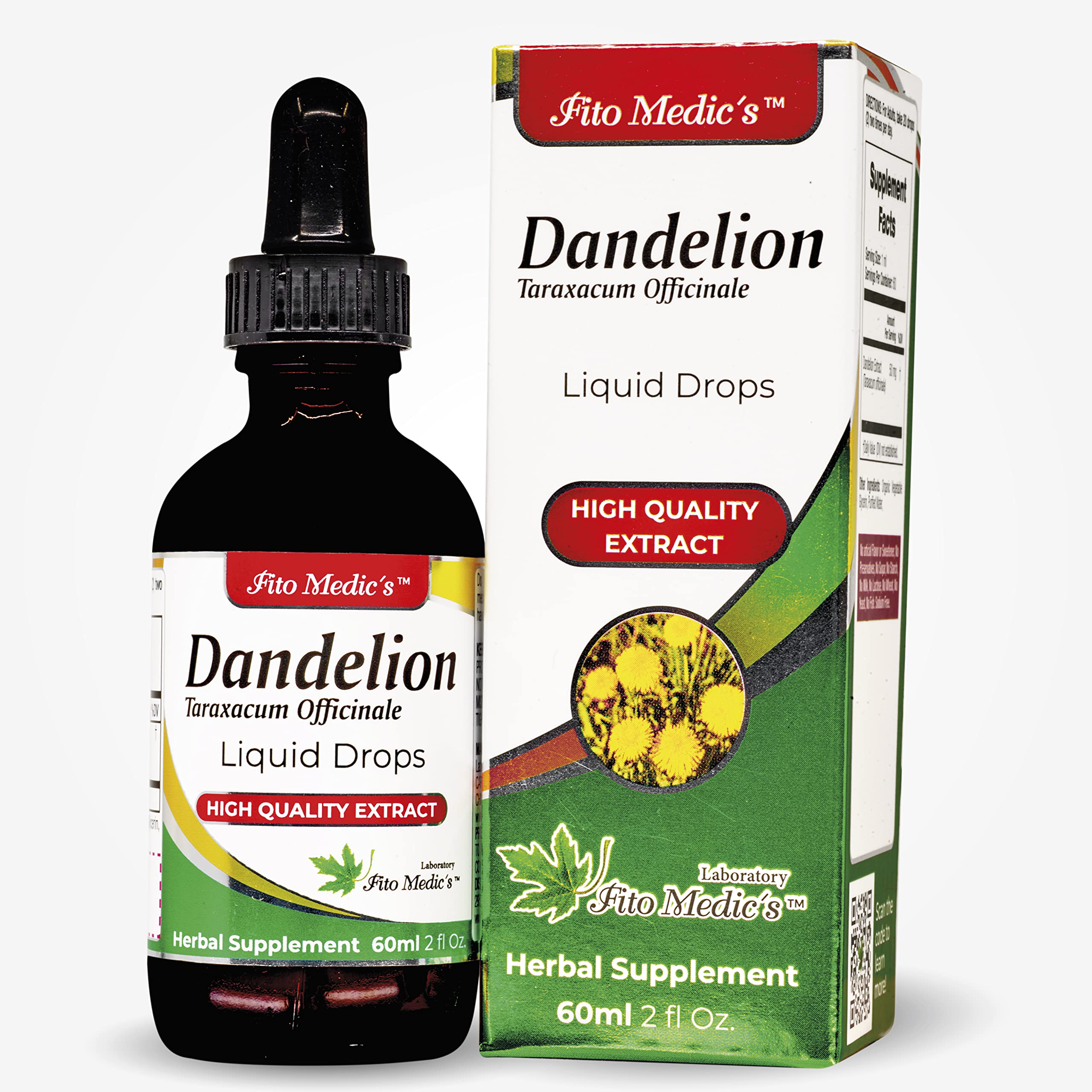 Lab-style bottle of dandelion tincture with dropper