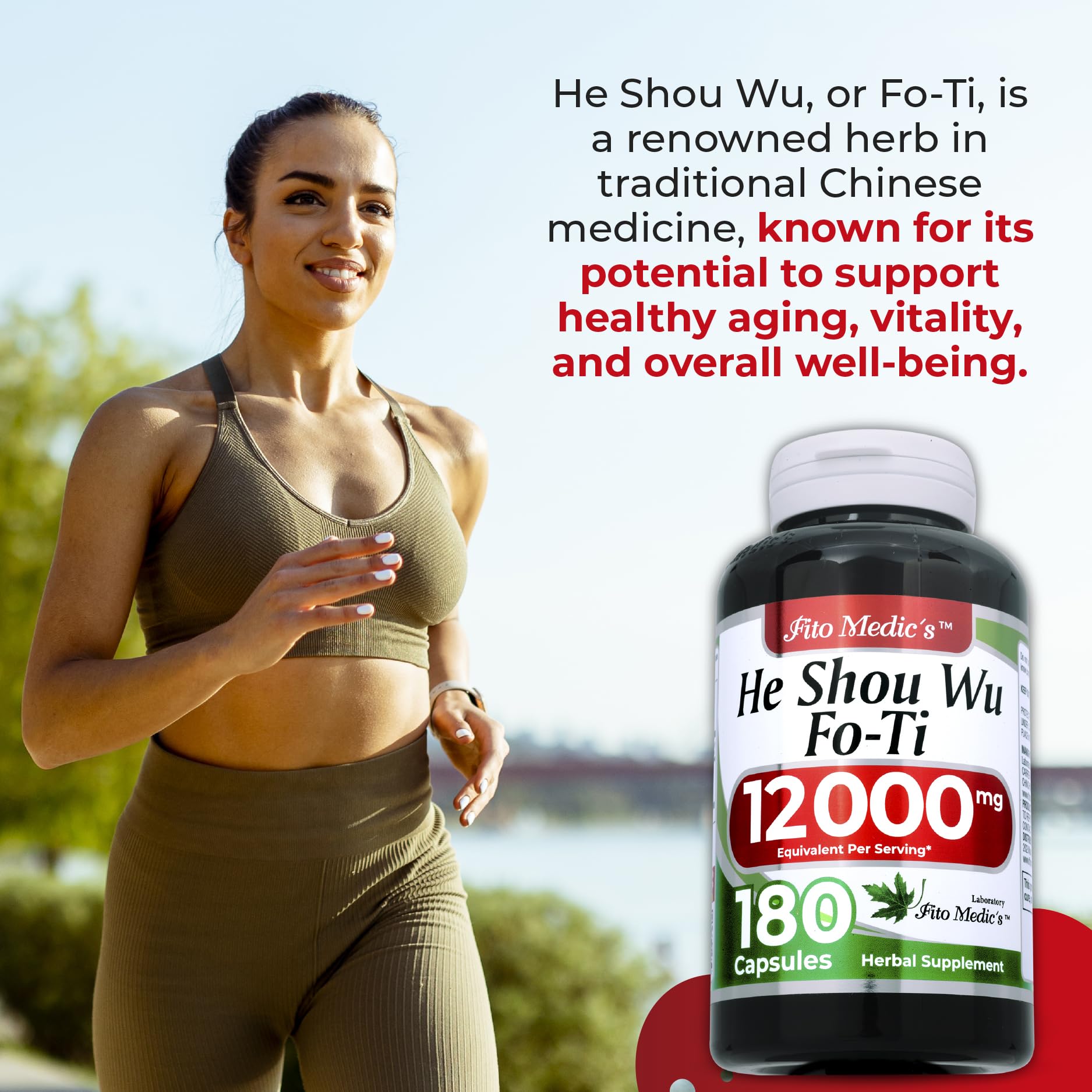 Label on bottle highlighting 12000 mg Fo Ti root per bottle