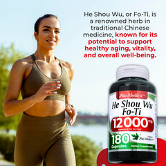 Label on bottle highlighting 12000 mg Fo Ti root per bottle