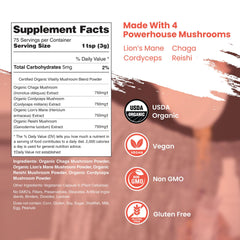 Lab-tested organic mushroom blend label and packaging