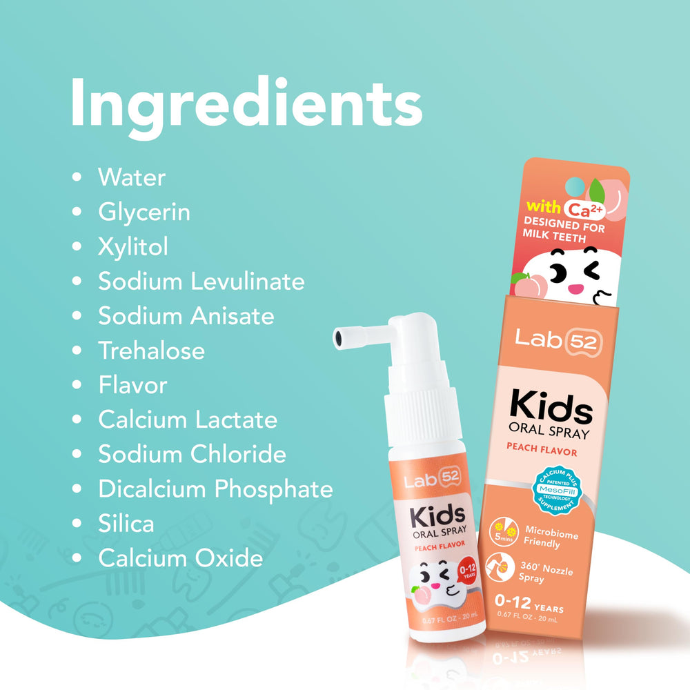Night-time dental care scene with LAB52 Kids Oral Spray by the bed