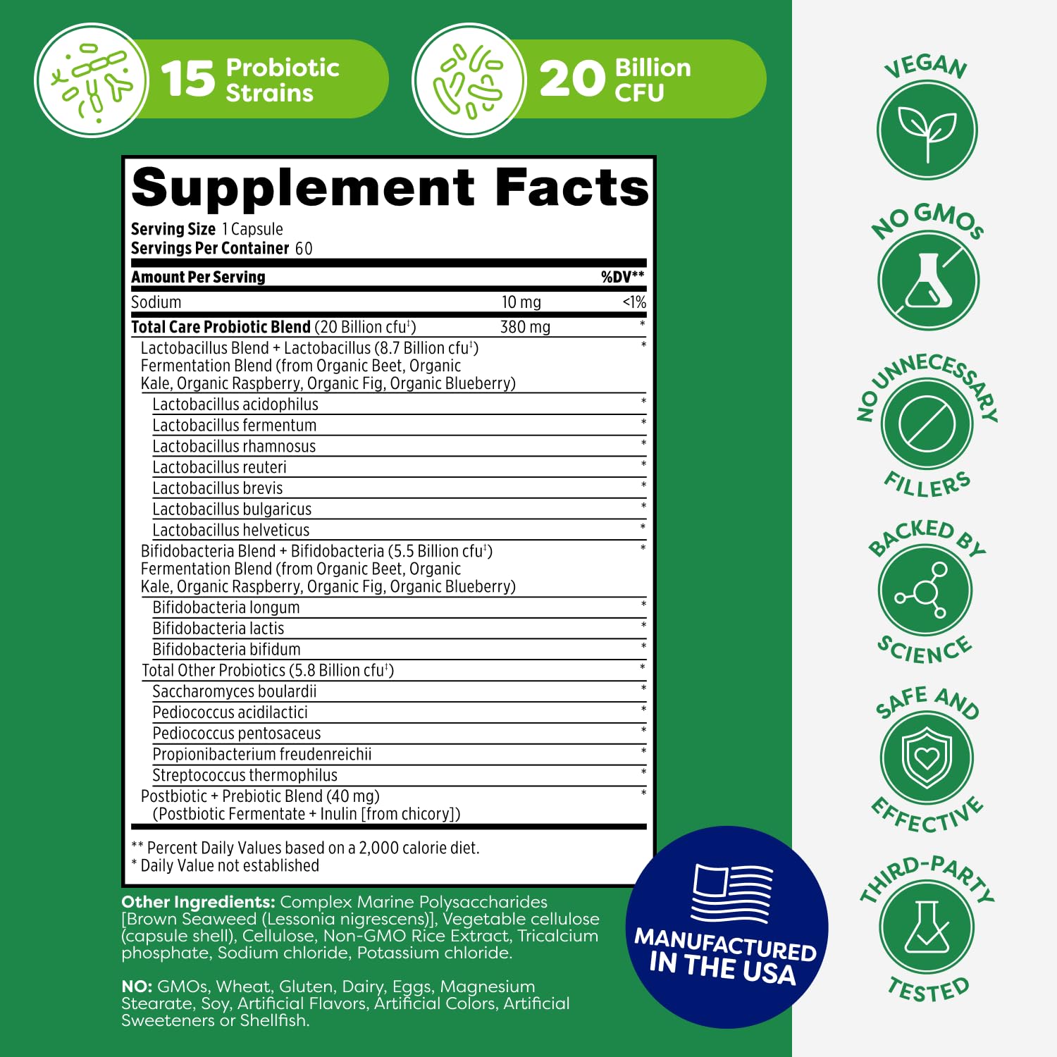 Bottle label highlighting 20 billion CFU probiotic strength