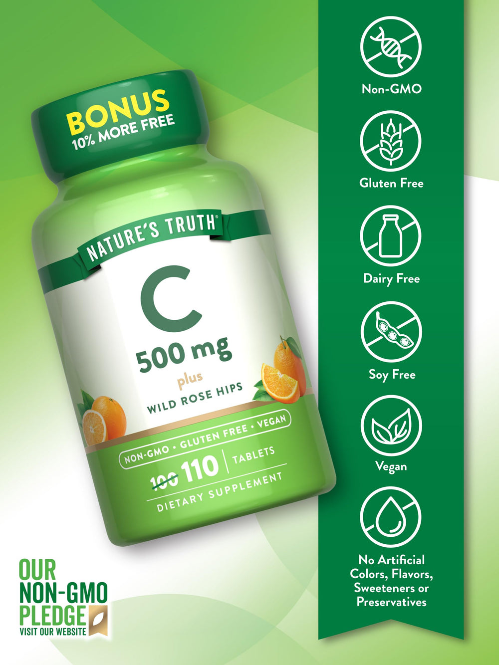 Label showing vegan, gluten-free and non-GMO icons on bottle