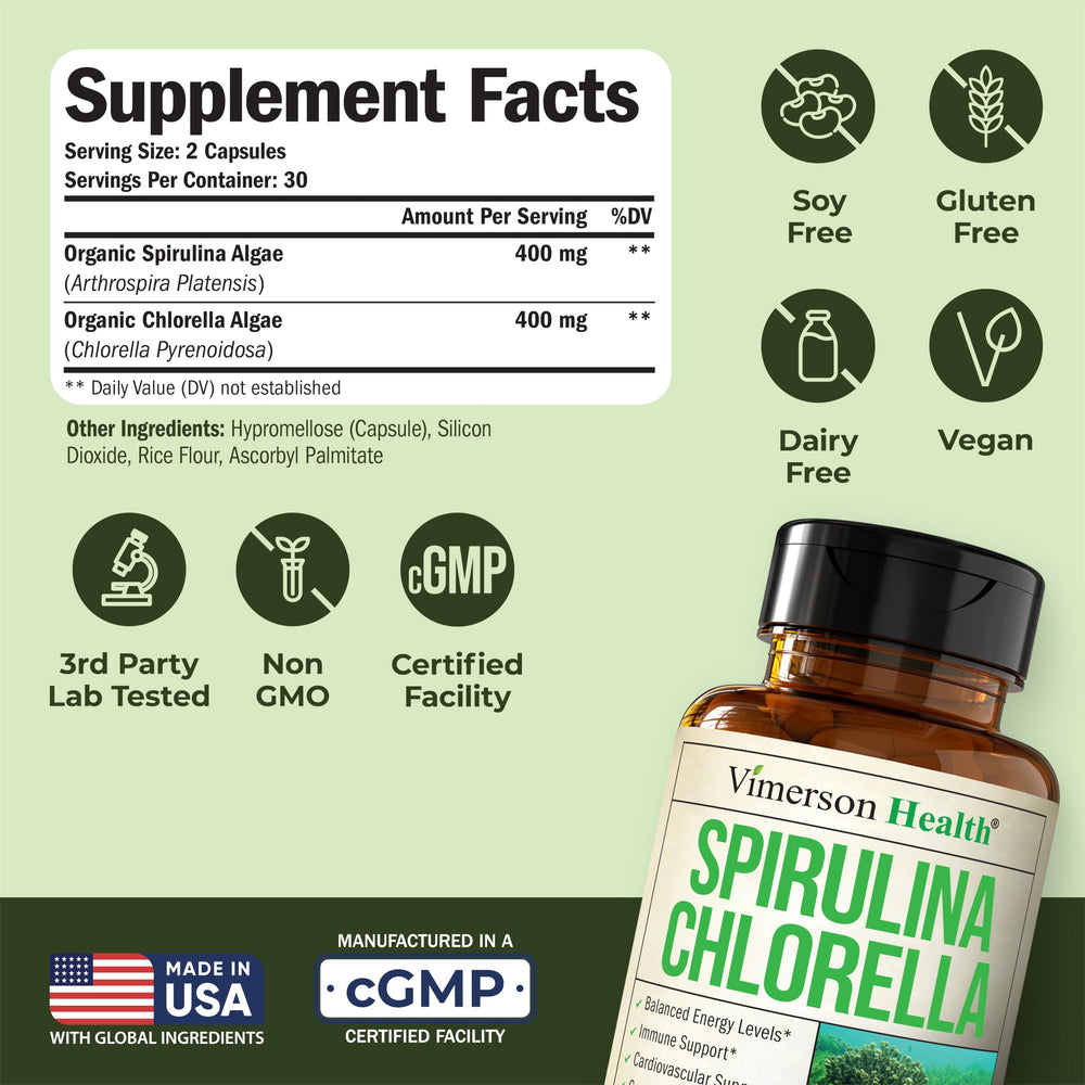 Product label displaying organic spirulina and chlorella ingredients