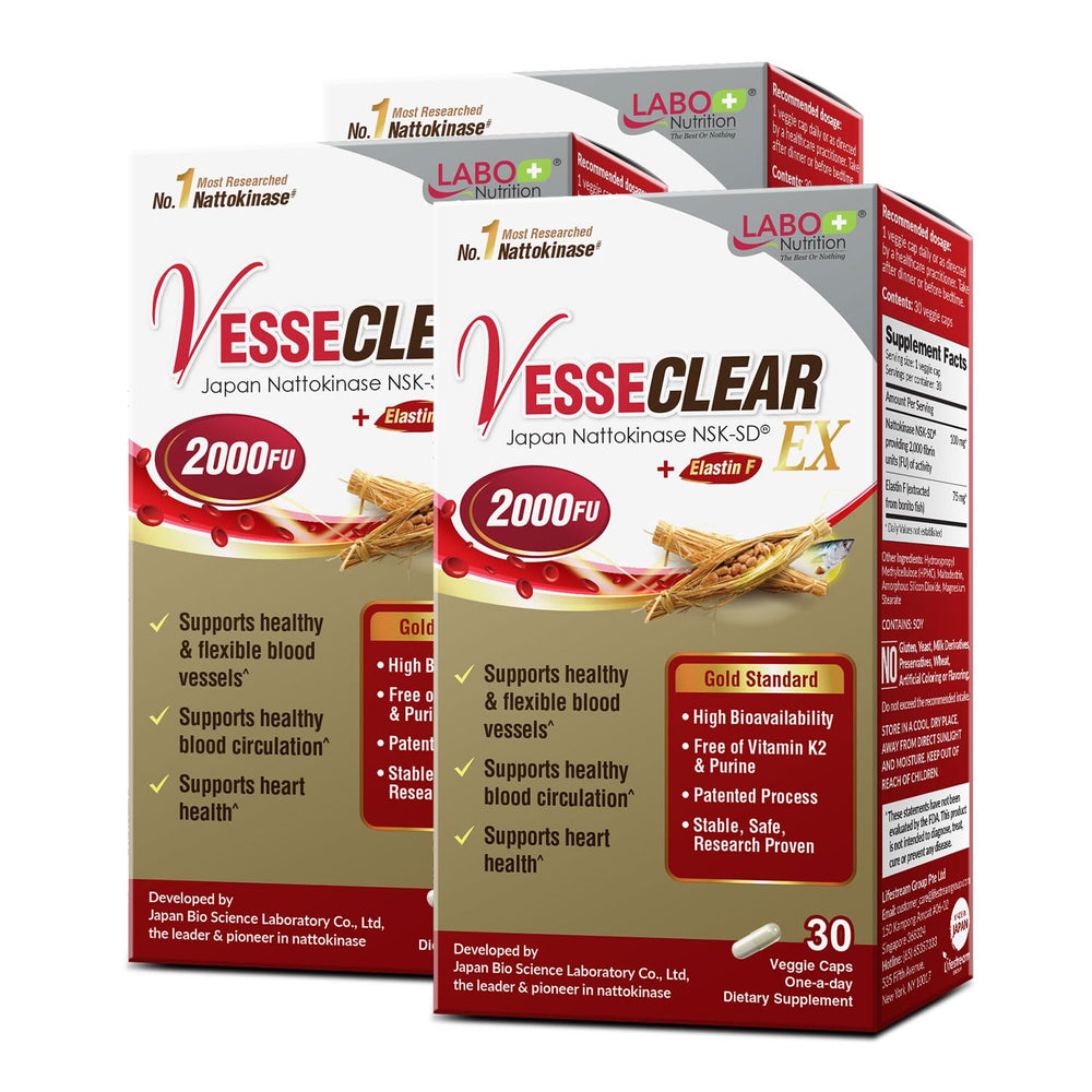 Labon Nutrition VesseCLEAR EX bottle showing Nattokinase NSK-SD and Elastin F capsules