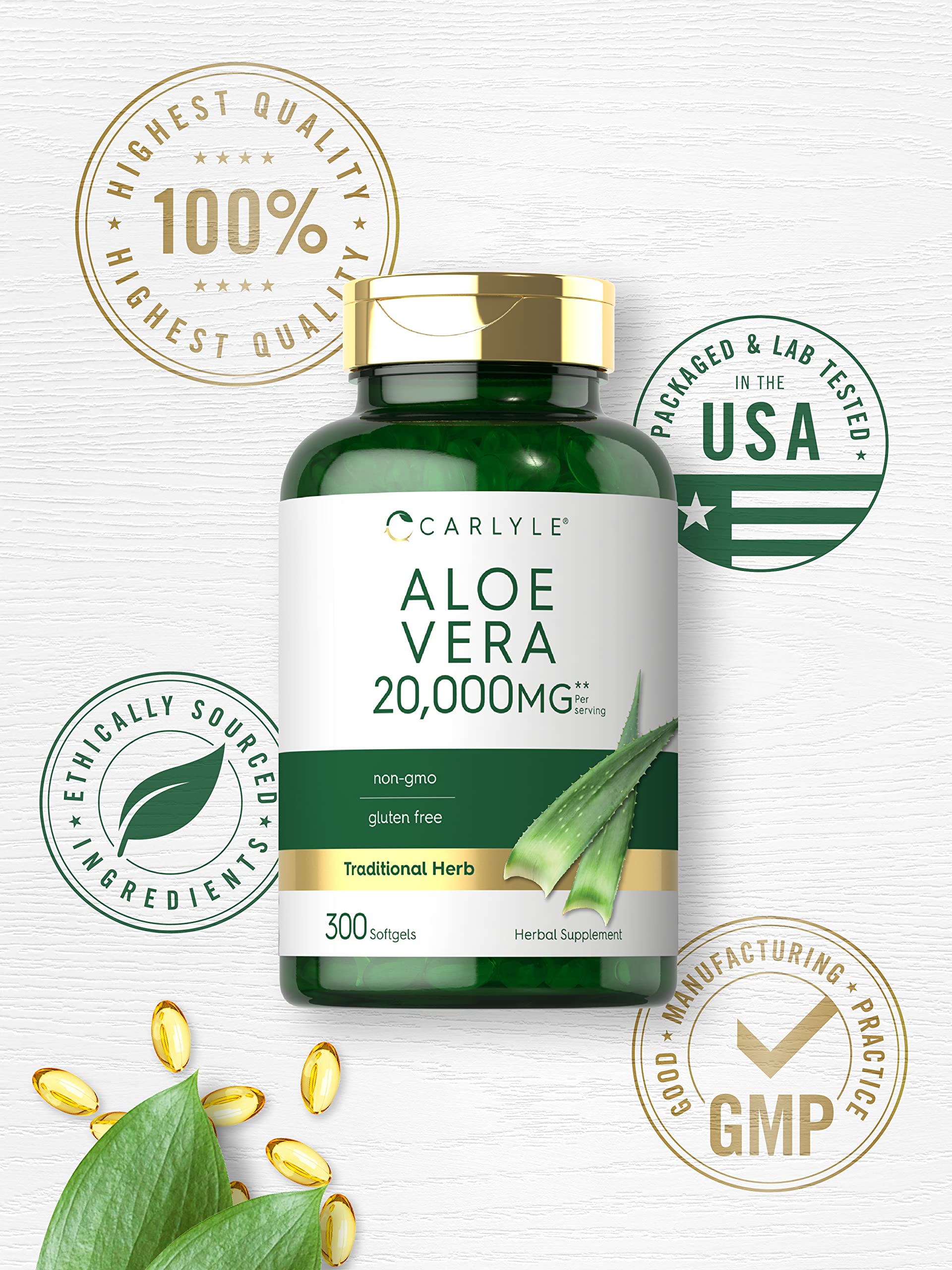 Laboratory-tested ingredients badge on Carlyle Aloe Vera supplement