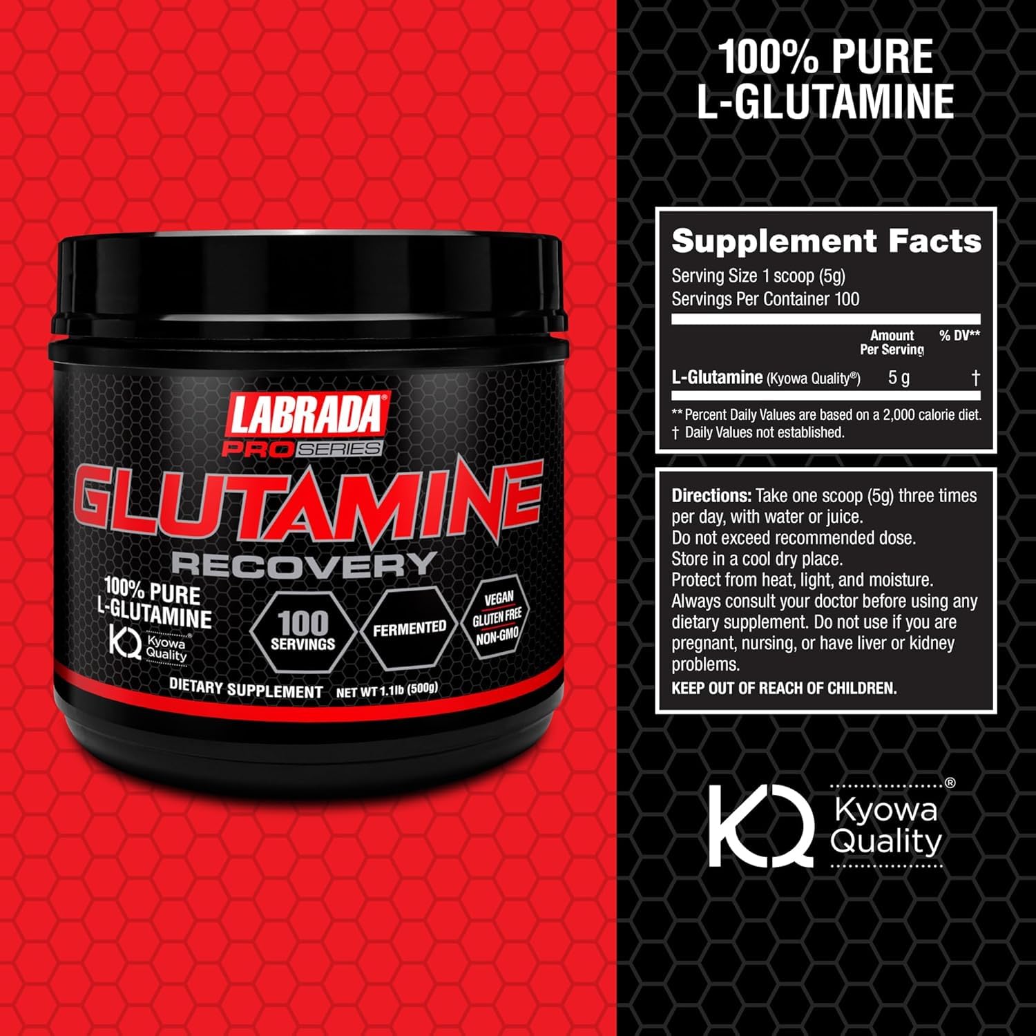 Close-up of Labrada Glutamine Recovery label and powder texture