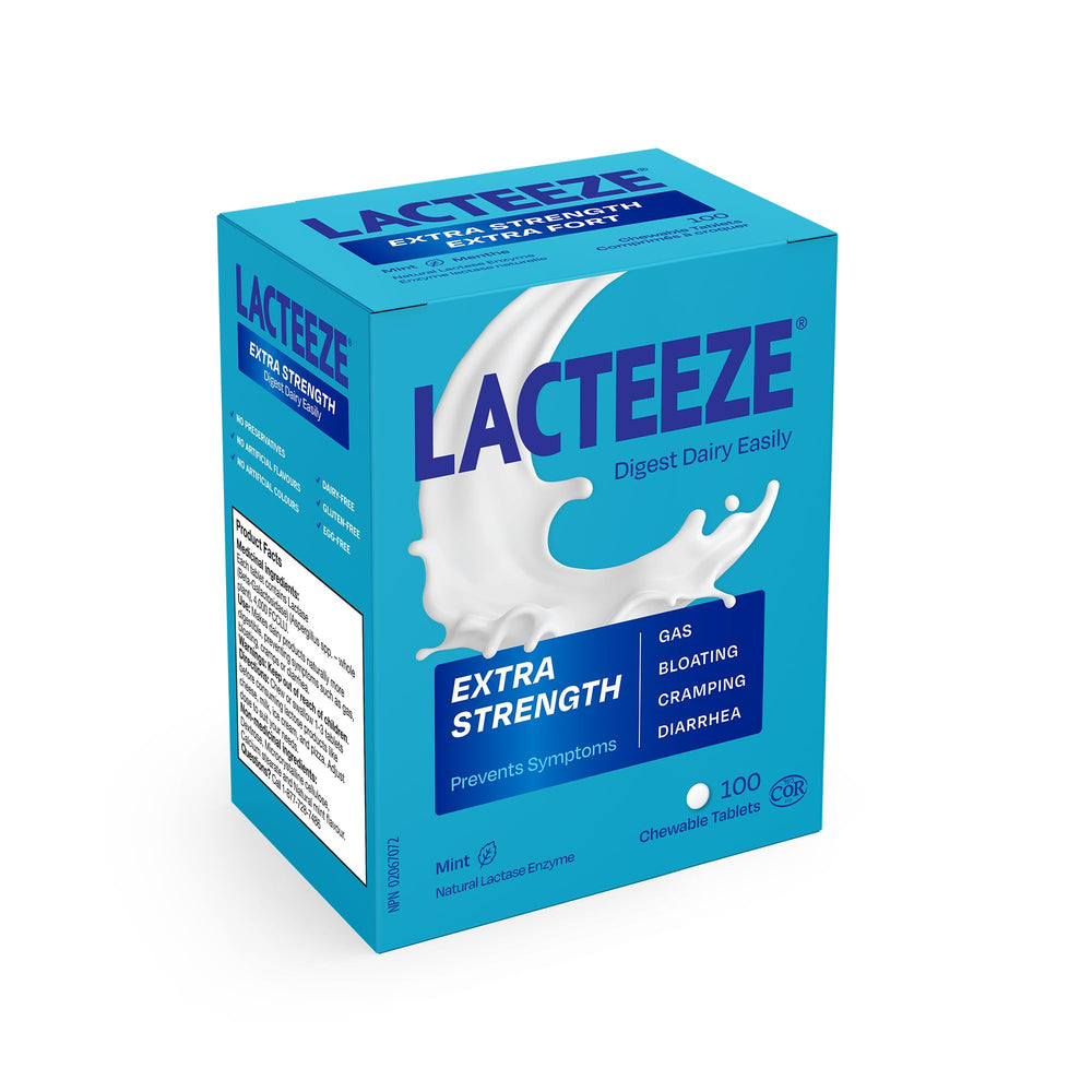 Lacteeze Extra Strength mint-flavored chewable tablet close-up