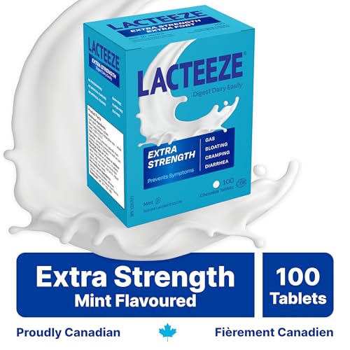 Lacteeze Extra Strength lactase enzyme tablets in mint flavor bottle