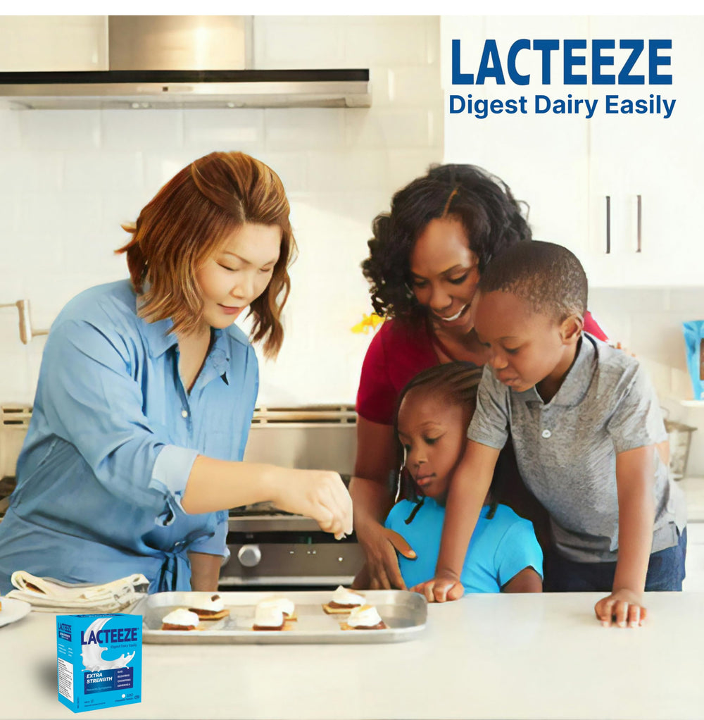 Box and bottle of Lacteeze Extra Strength on white background