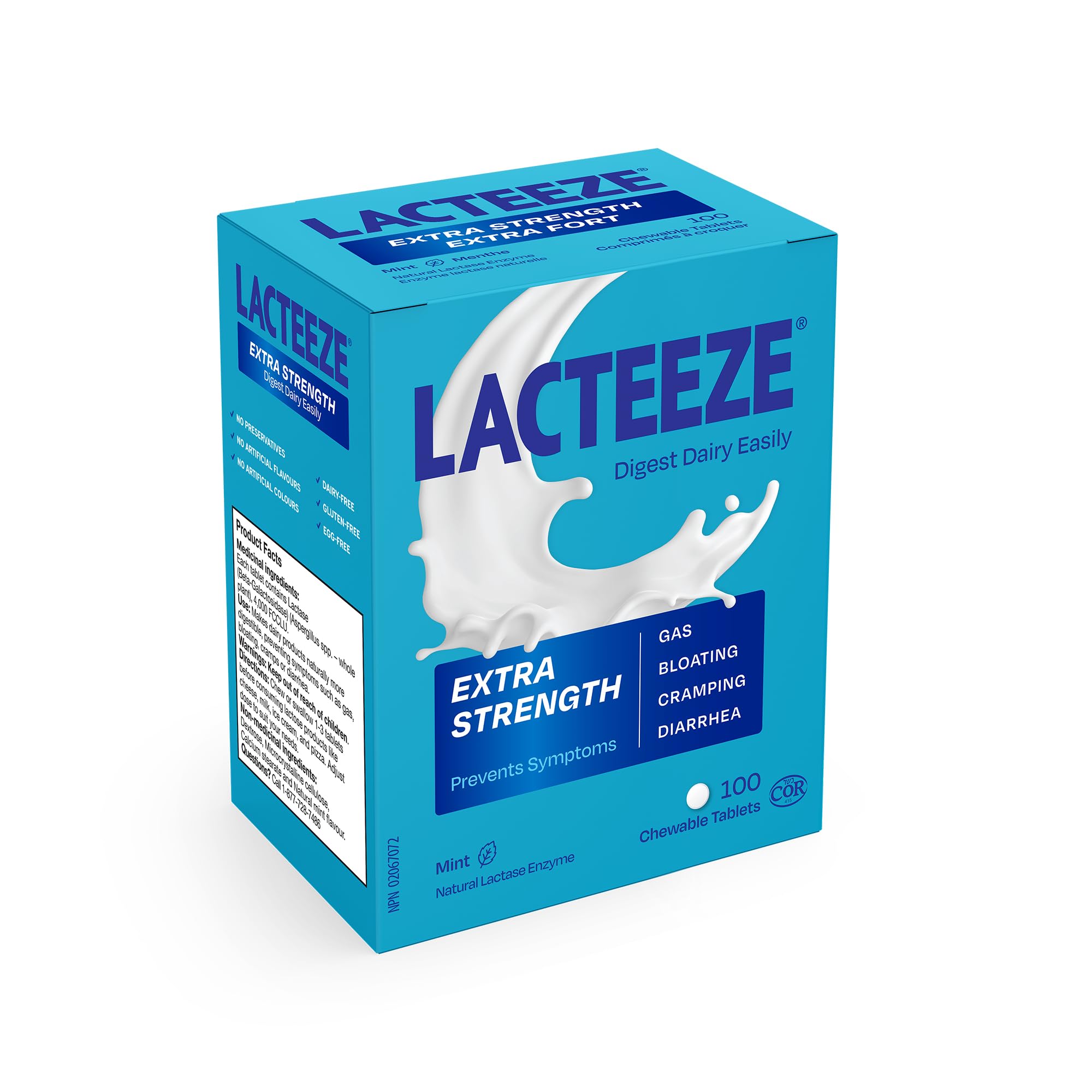 Front view of Lacteeze Extra Strength chewables bottle
