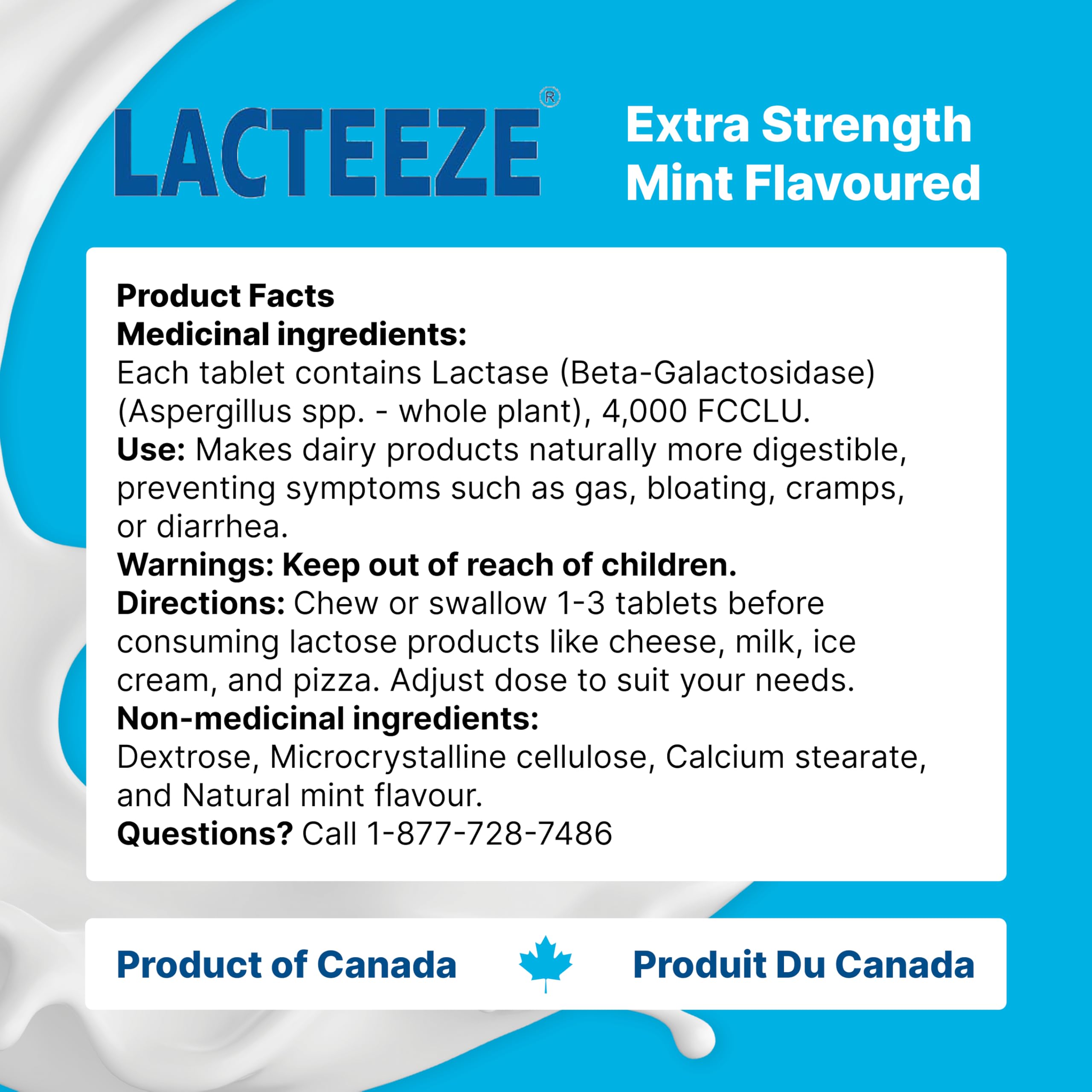 Nutrition facts panel on Lacteeze packaging