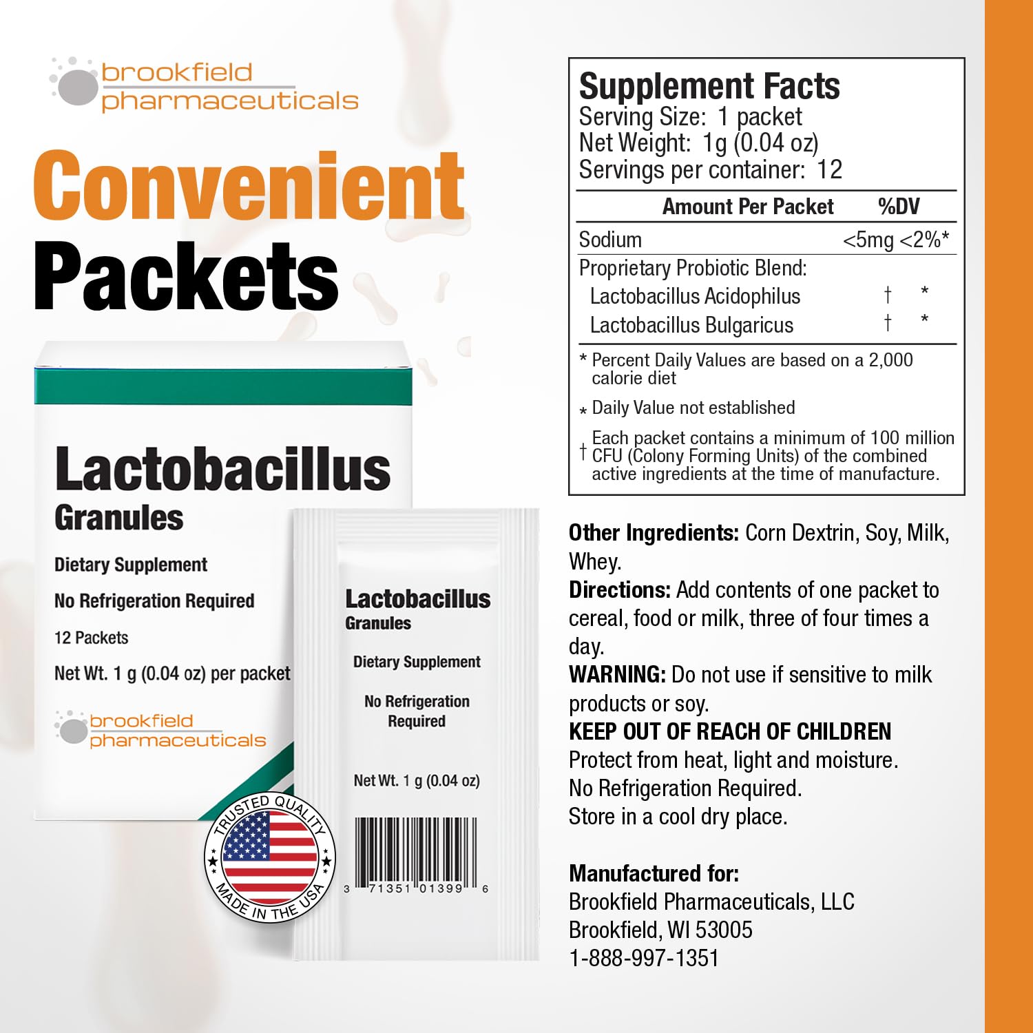 USA-made probiotic supplement packaging for travel and daily use
