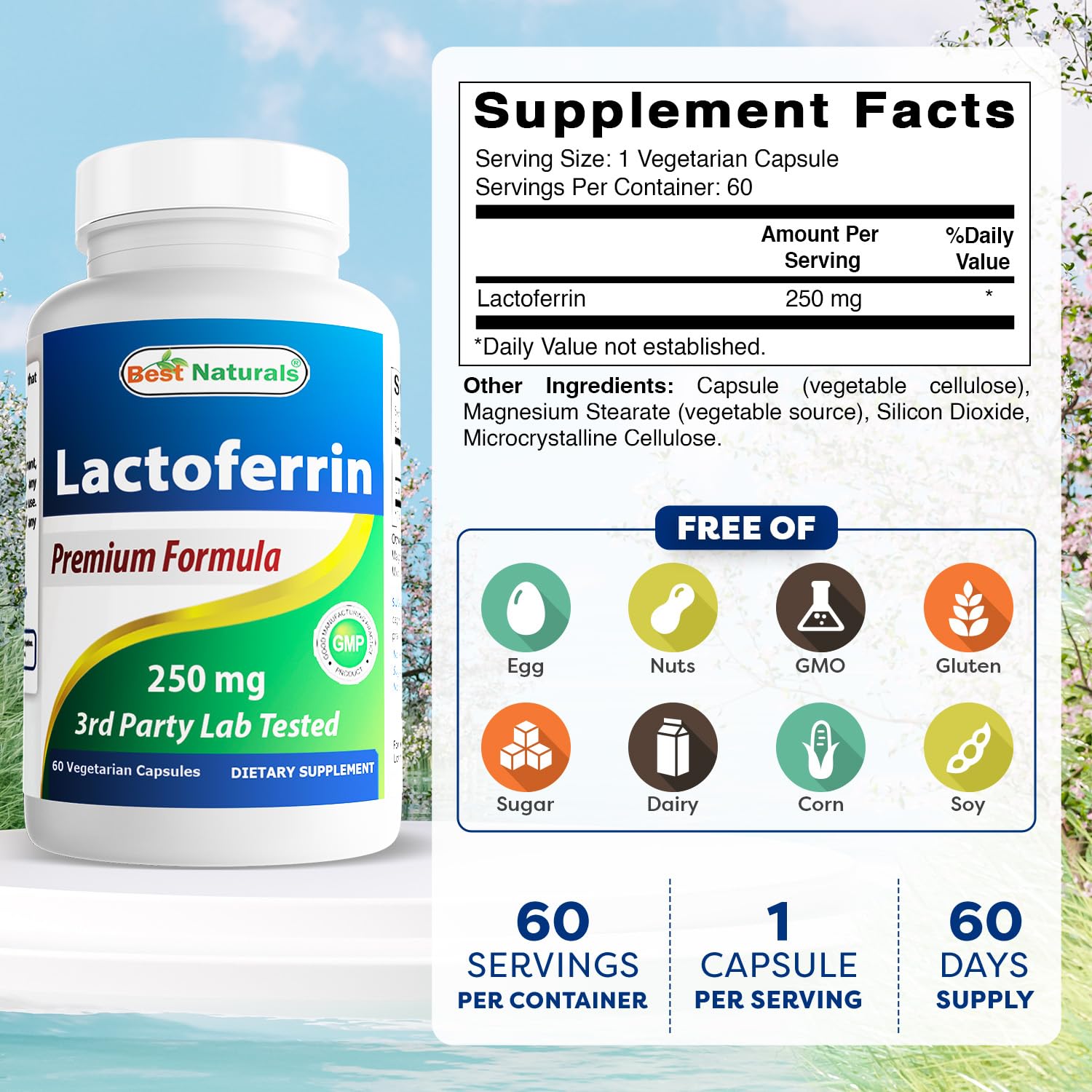 Back label of Best Naturals Lactoferrin bottle with supplement facts
