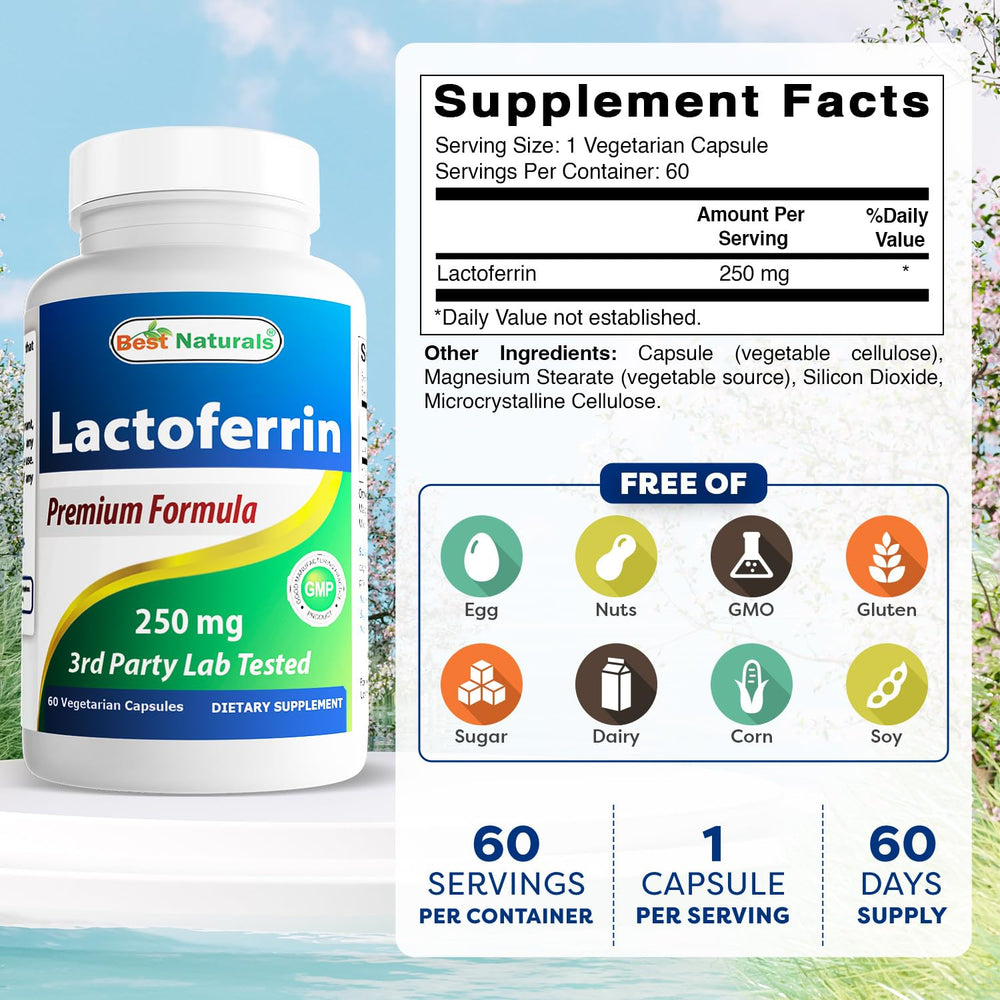 Back label of Best Naturals Lactoferrin bottle with supplement facts