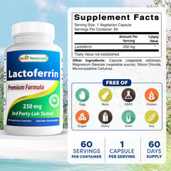Back label of Best Naturals Lactoferrin bottle with supplement facts