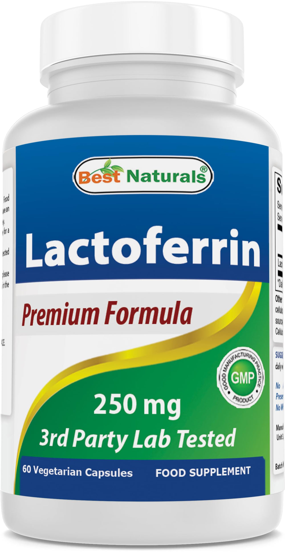 Front view of Best Naturals Lactoferrin 250 mg veggie capsule bottle