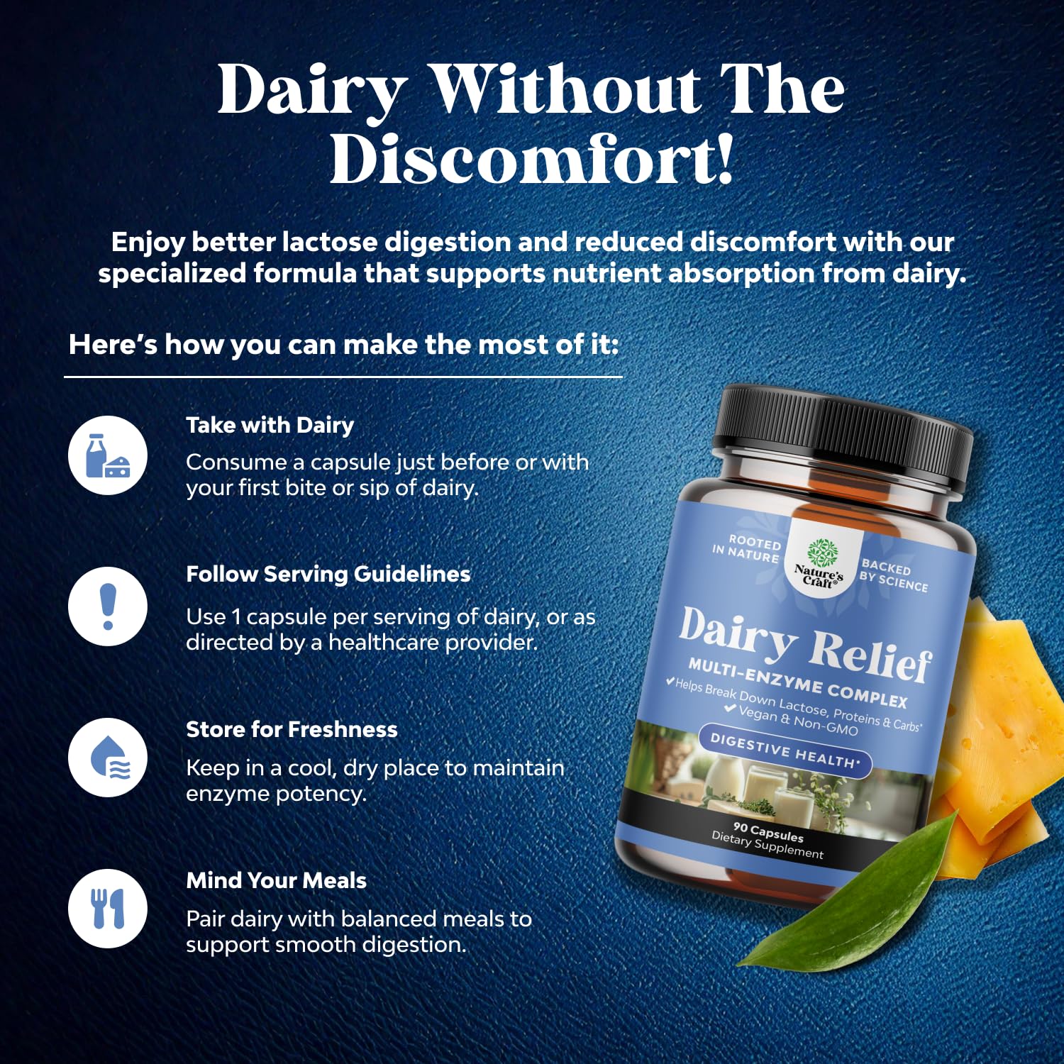 Pill bottle with text highlighting digestive relief for dairy and carbs