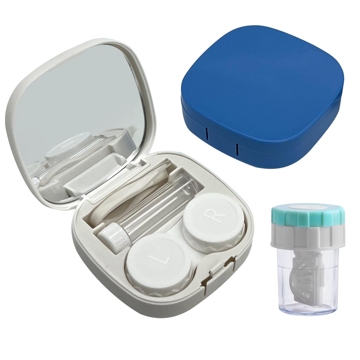 Dual-pack blue and white square contact lens cases with cleaner washer