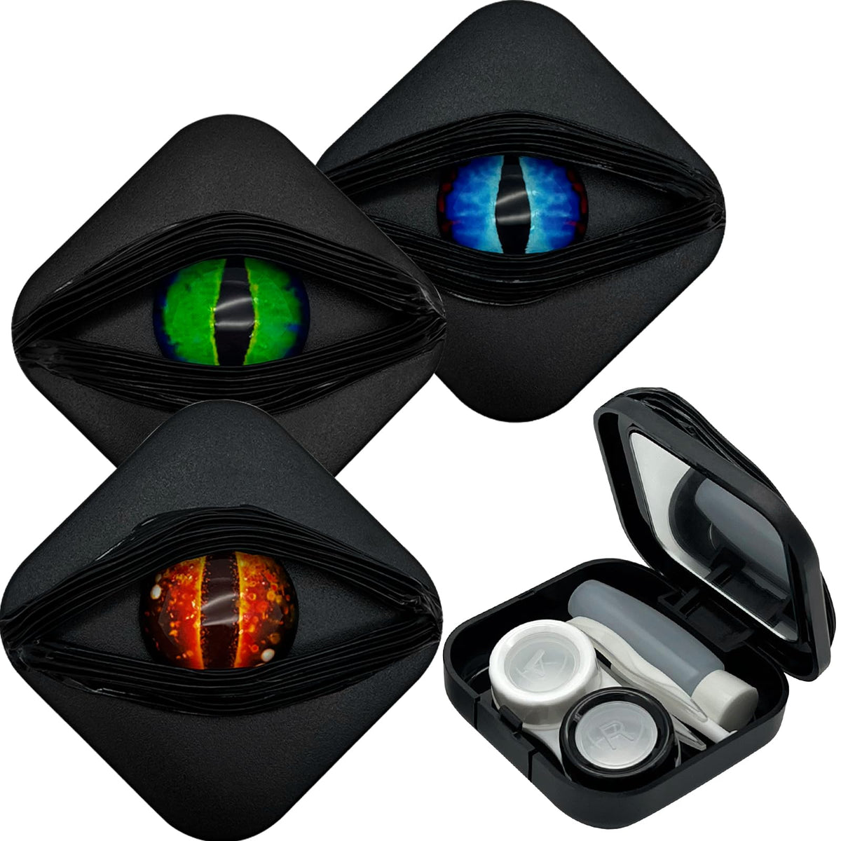Front view of Dragon Eye design contact lens case with built-in mirror