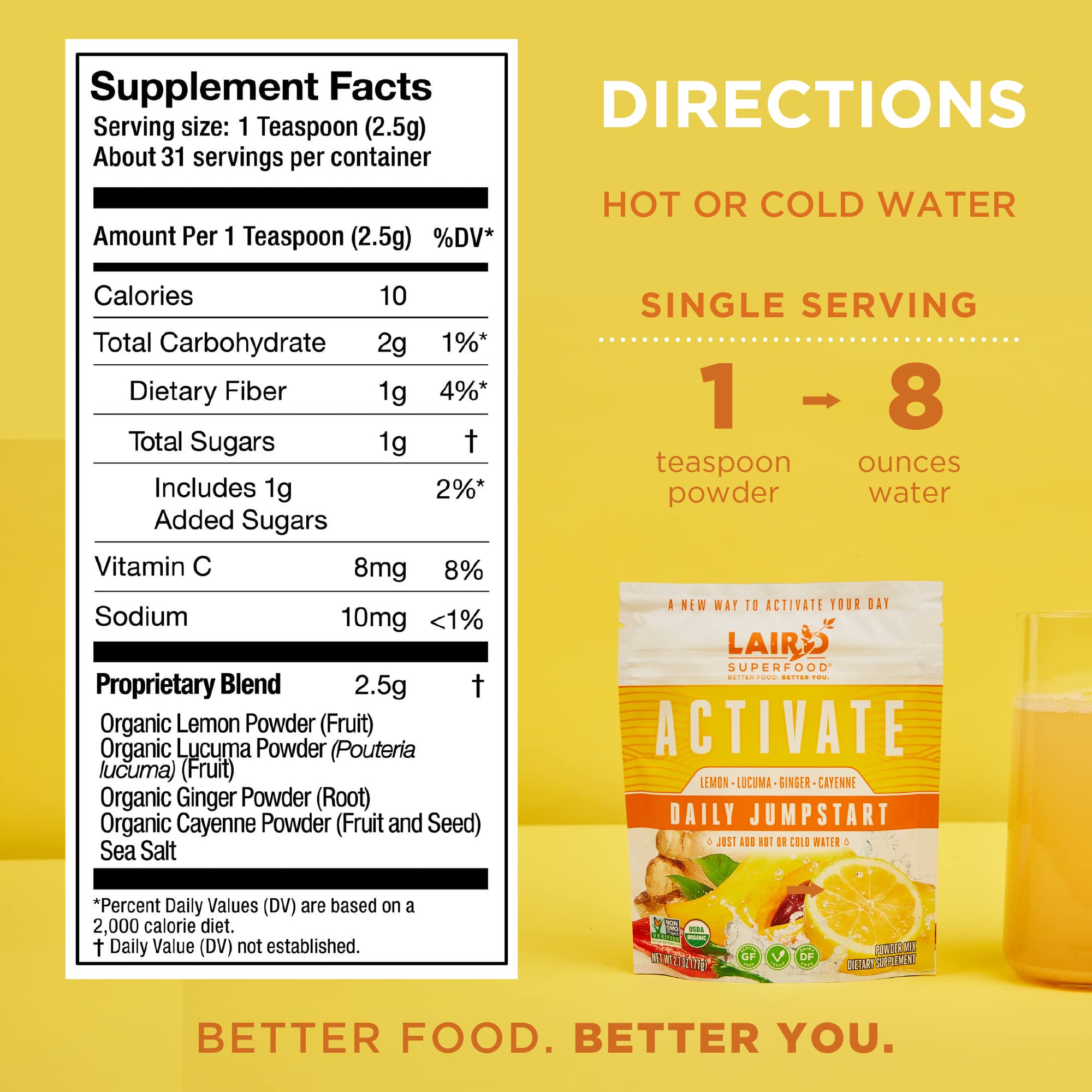 Product label showing directions and dietary certifications