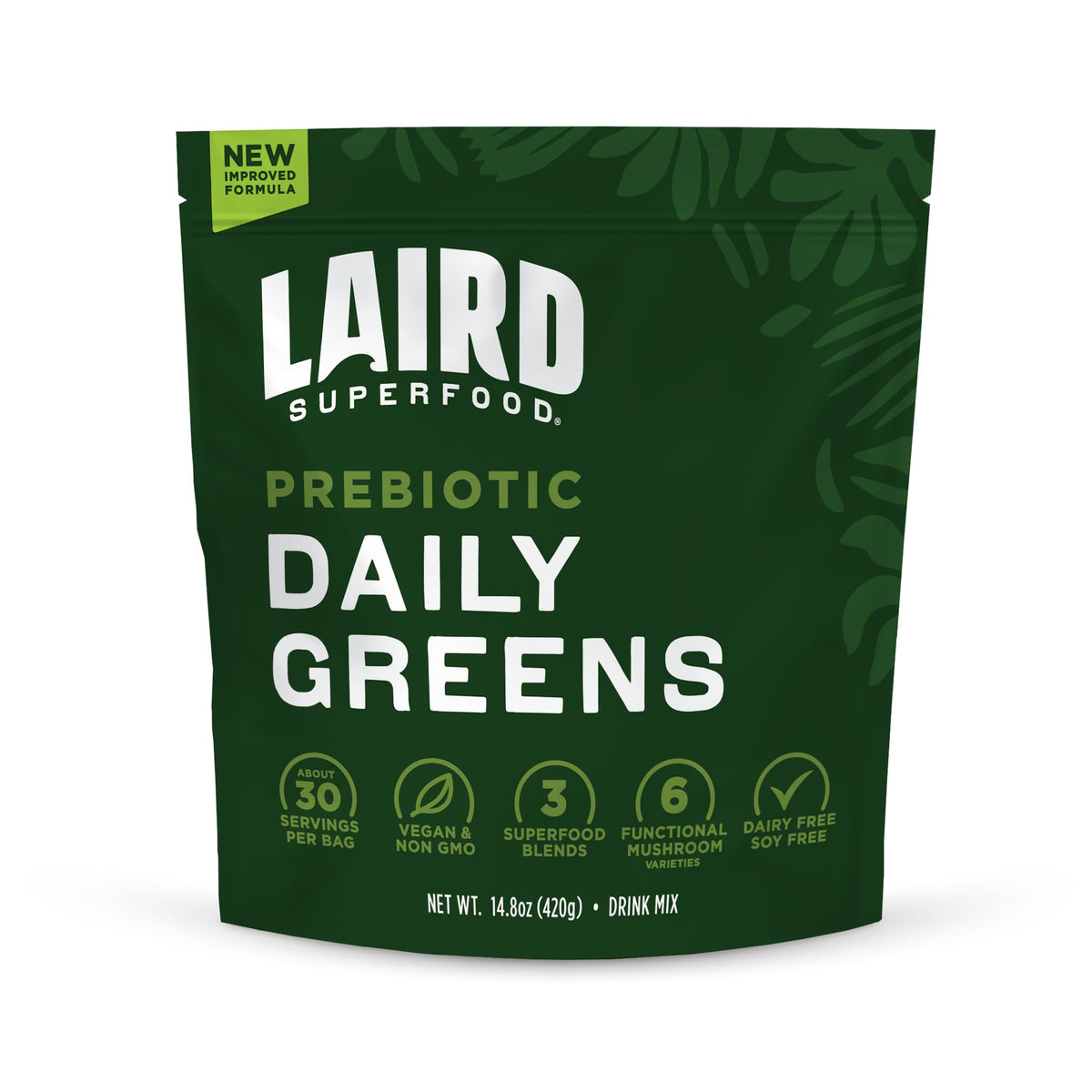 Front view of Laird Prebiotic Daily Greens Powder 14.8 oz bag