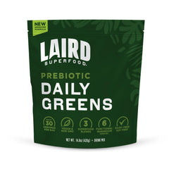 Front view of Laird Prebiotic Daily Greens Powder 14.8 oz bag