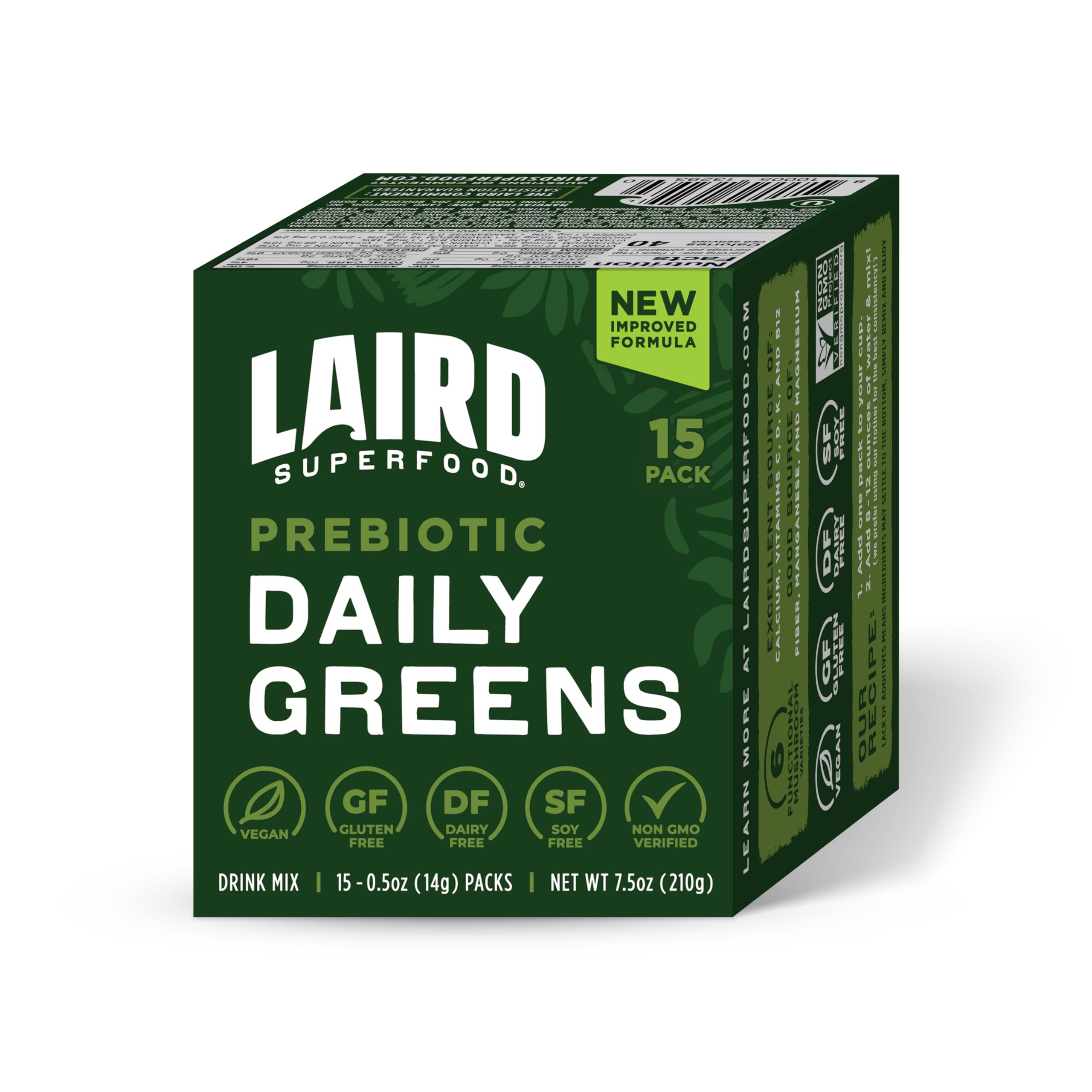 Front view of Laird Superfood Prebiotic Daily Greens Powder 15-pack sachets package