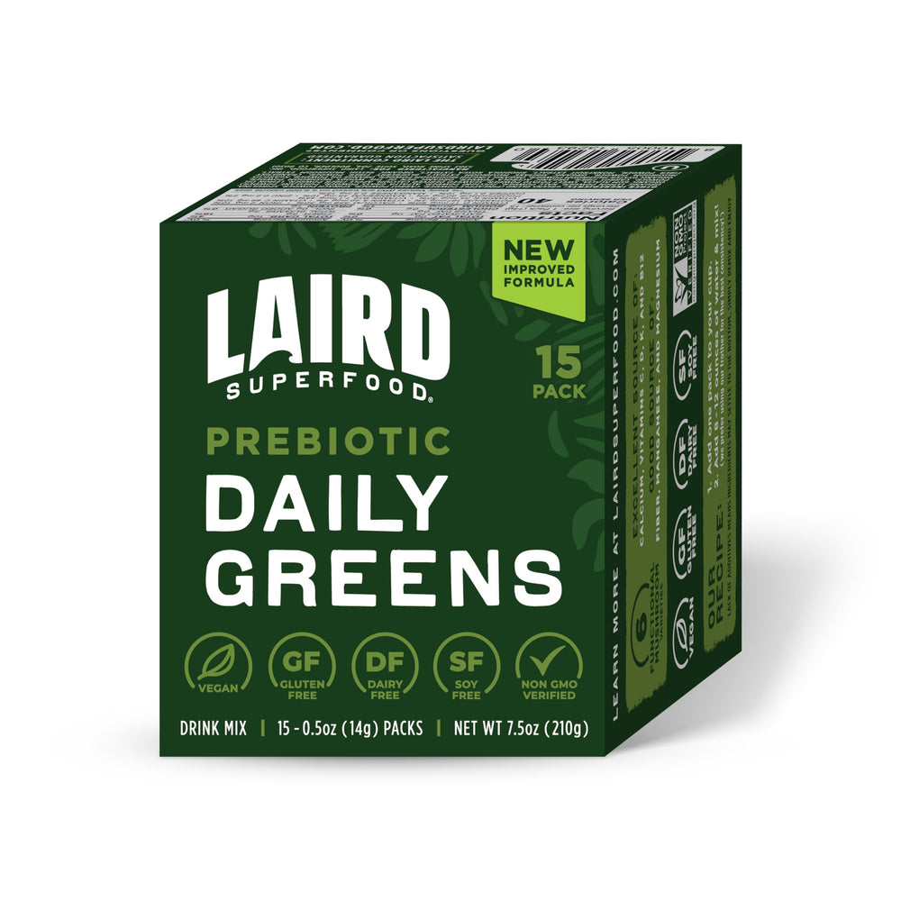 Front view of Laird Superfood Prebiotic Daily Greens Powder 15-pack sachets package