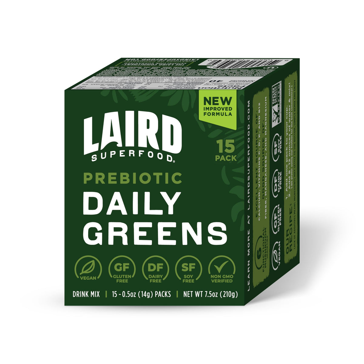 Front view of Laird Superfood Prebiotic Daily Greens Powder 15-pack sachets package