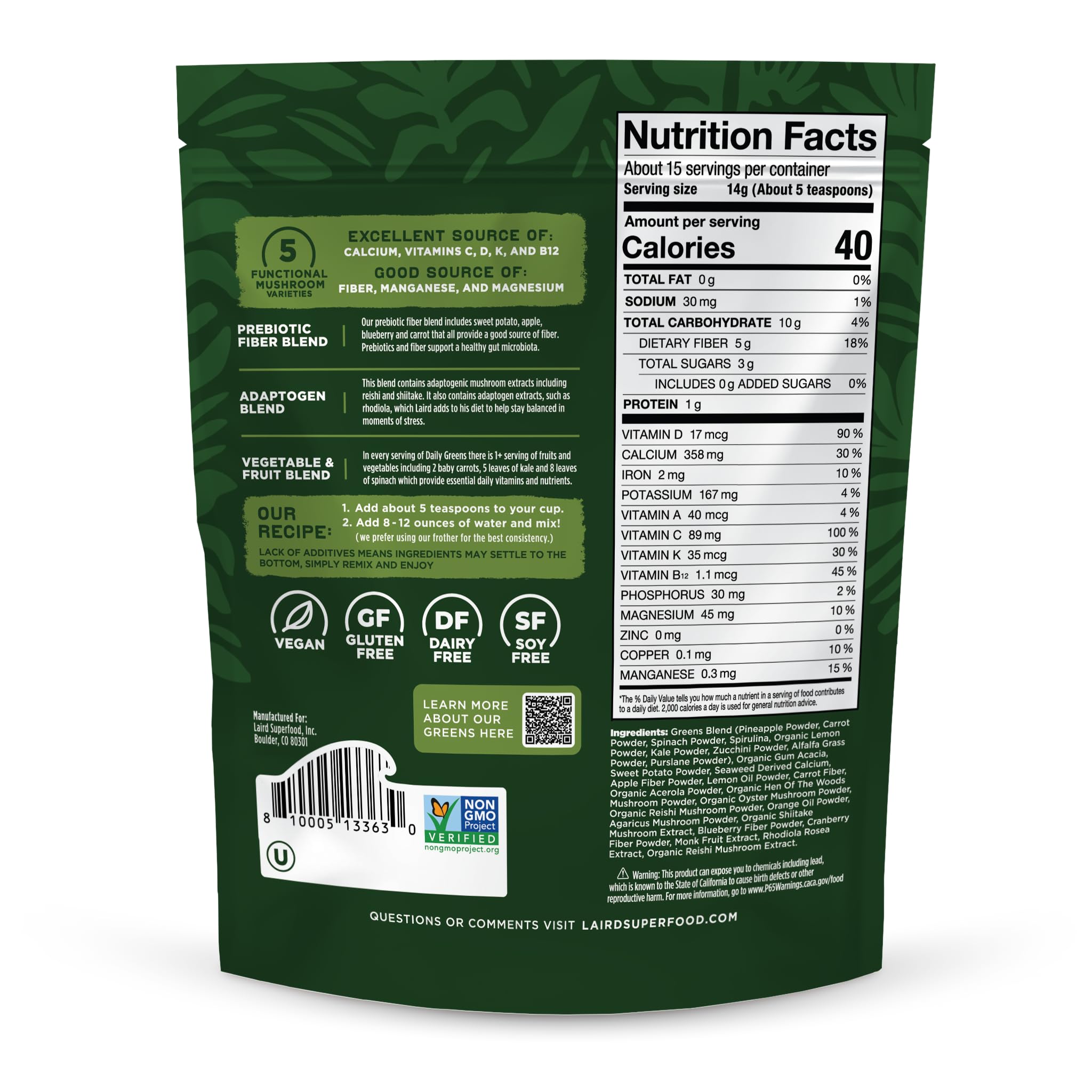 Packshot showing the label and packaging of Laird Prebiotic Daily Greens Powder – 7.8 oz