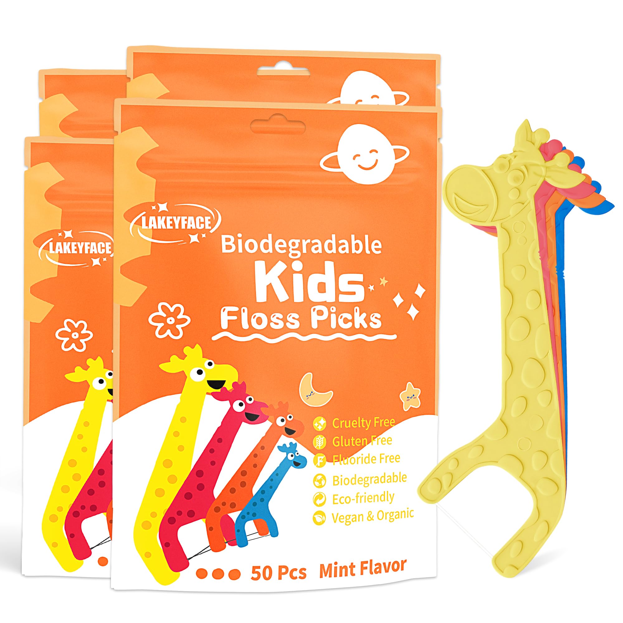 Lakeyface biodegradable kids flossers packaging with giraffe design