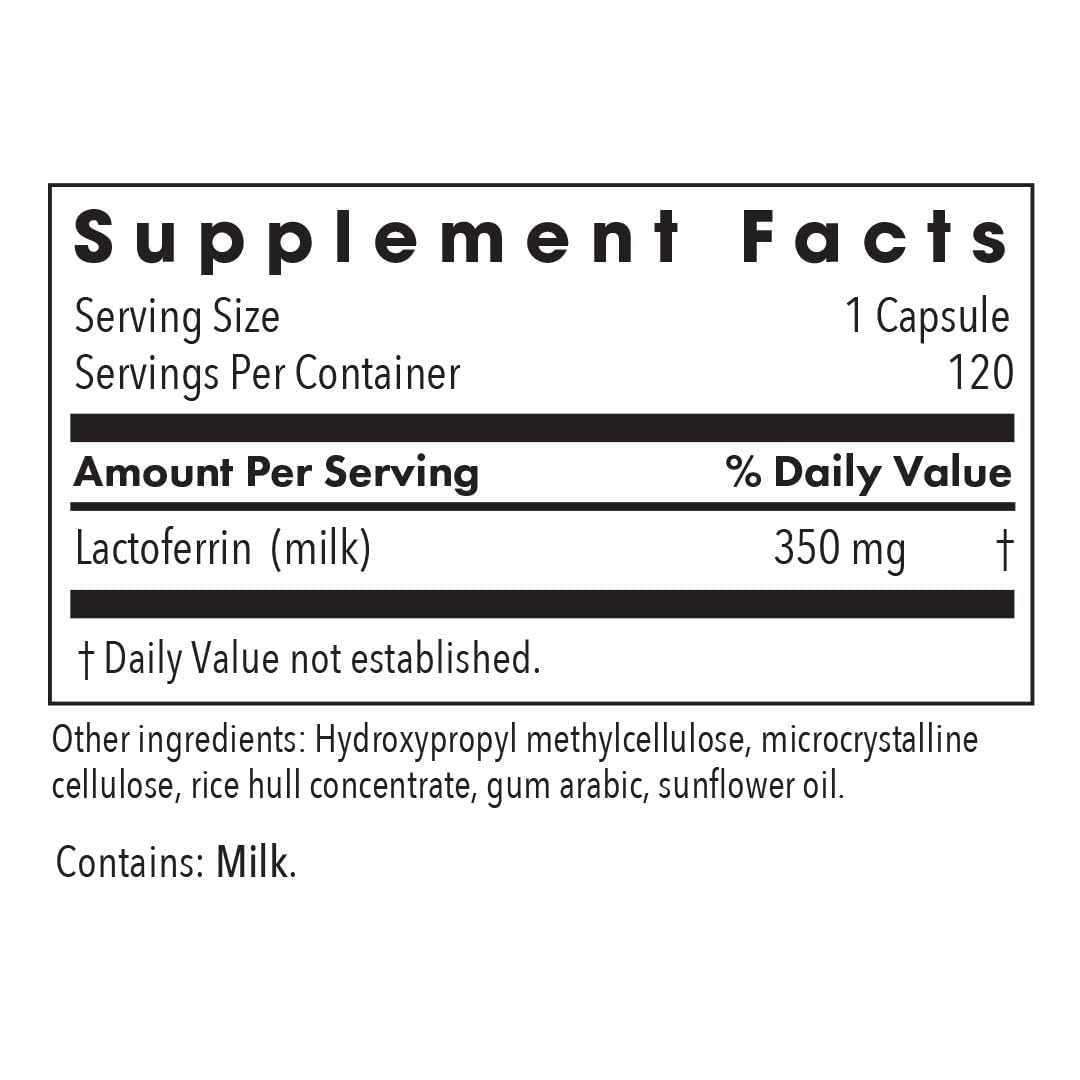 Lactoferrin 350mg supplement bottle label close-up