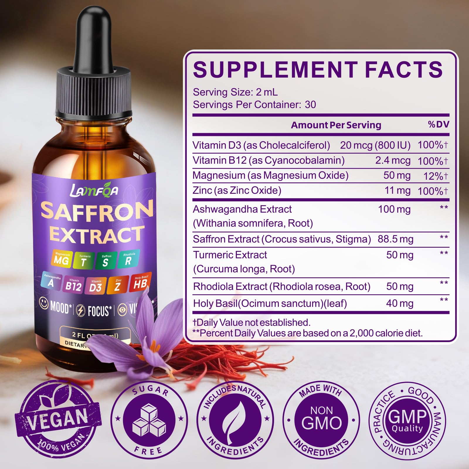 Made in USA saffron tincture bottle on white background