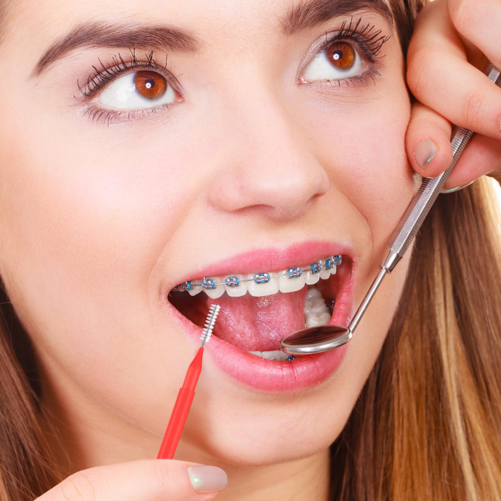 Brush heads designed to clean between braces and implants