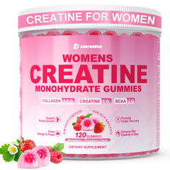 LanranBee Creatine for Women Gummies bottle highlights sugar-free strawberry flavor and collagen blend.
