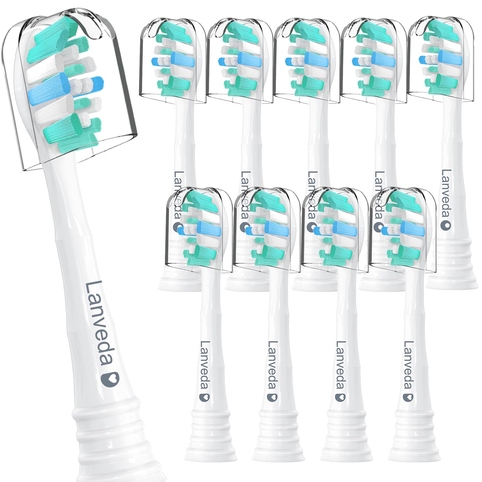 Lanveda 10-pack replacement toothbrush heads for Philips Sonicare 4100/6100 in white, front view