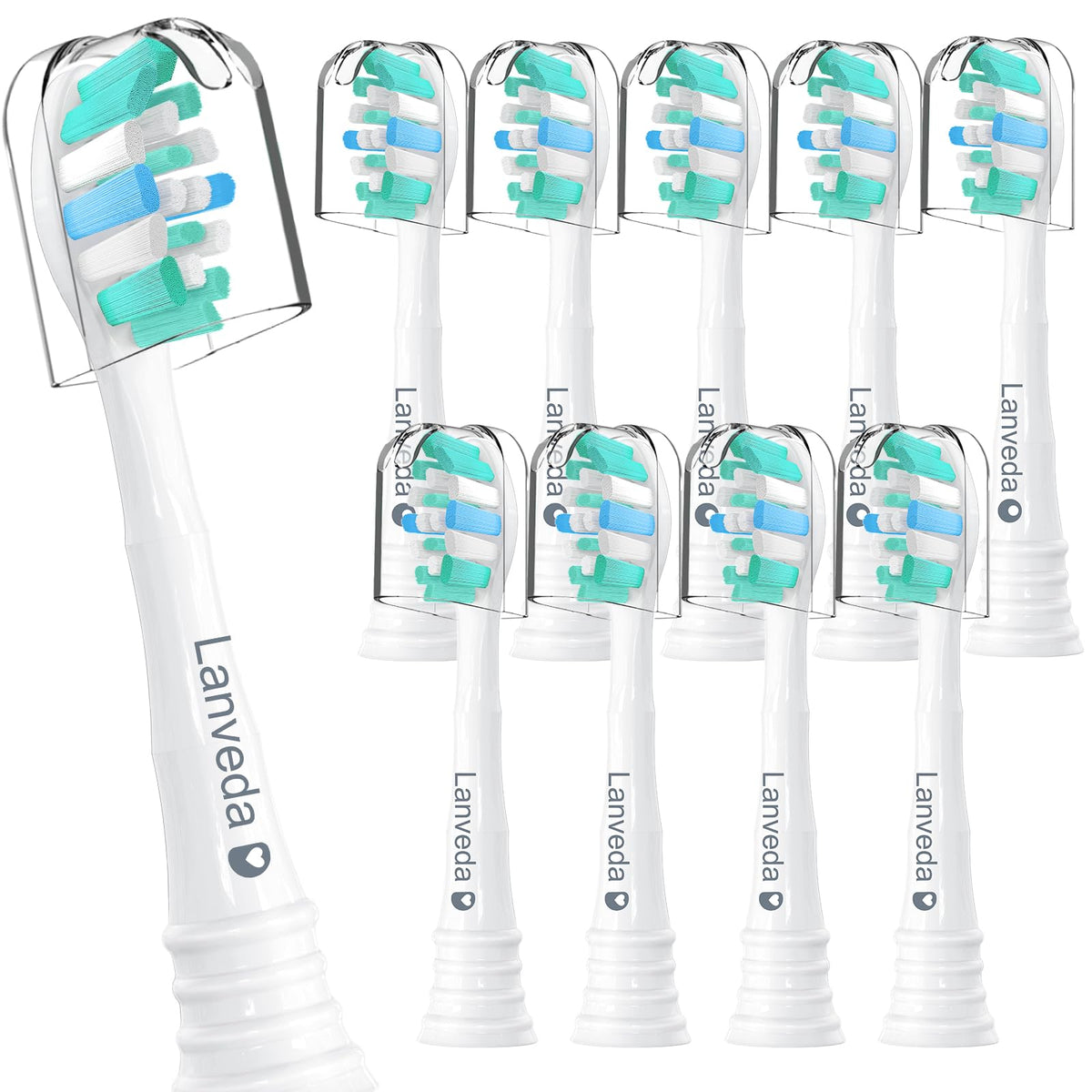 Lanveda 10-pack replacement toothbrush heads for Philips Sonicare 4100/6100 in white, front view