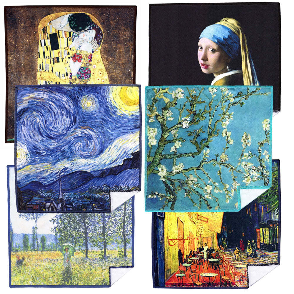 Six-pack premium microfiber cloths featuring classic art designs