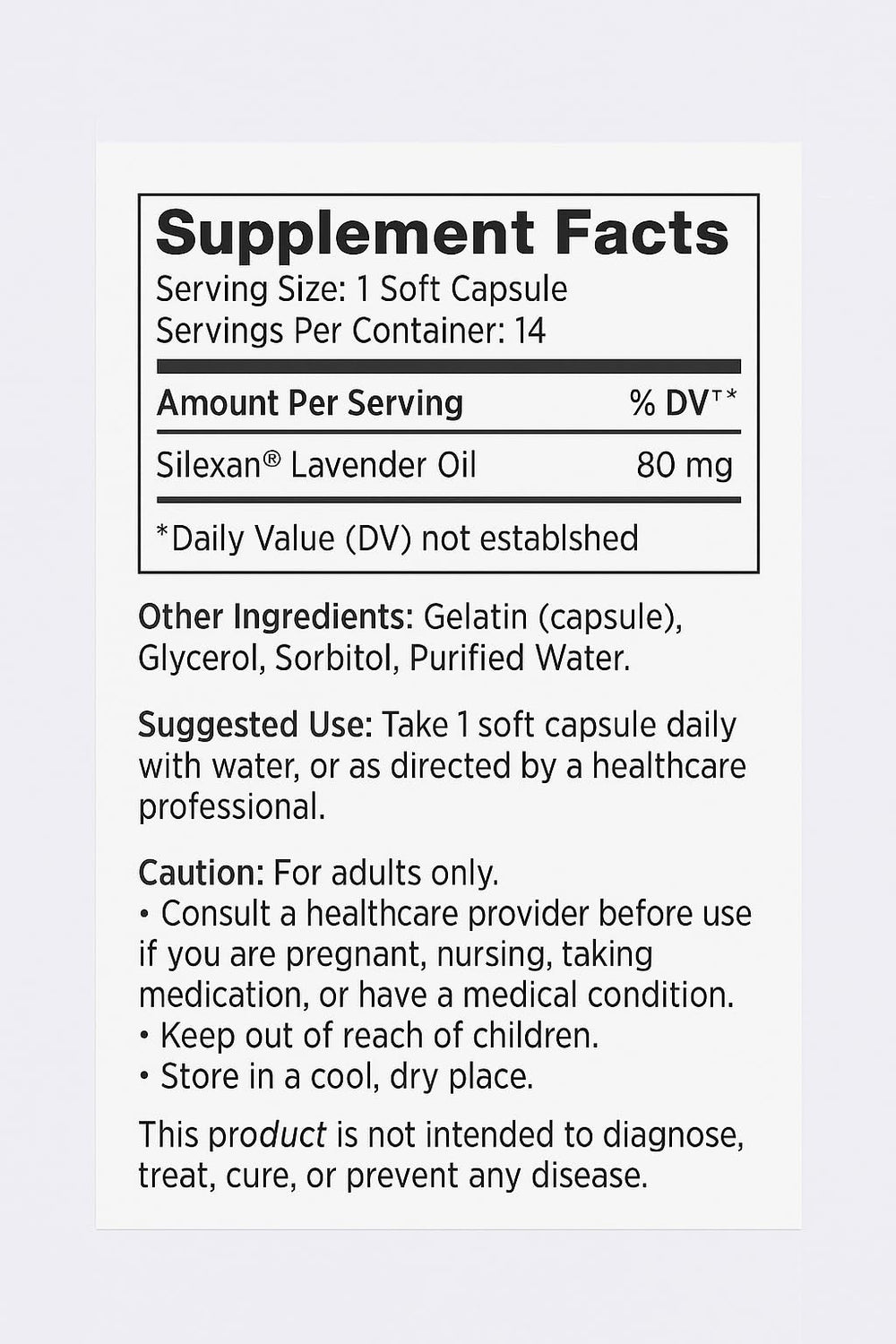 Close-up of easy-to-swallow lavender oil capsules