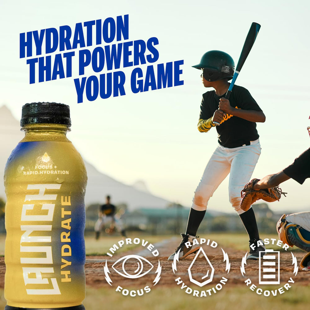 Launch Hydrate Tropical 12-pack packaging and box