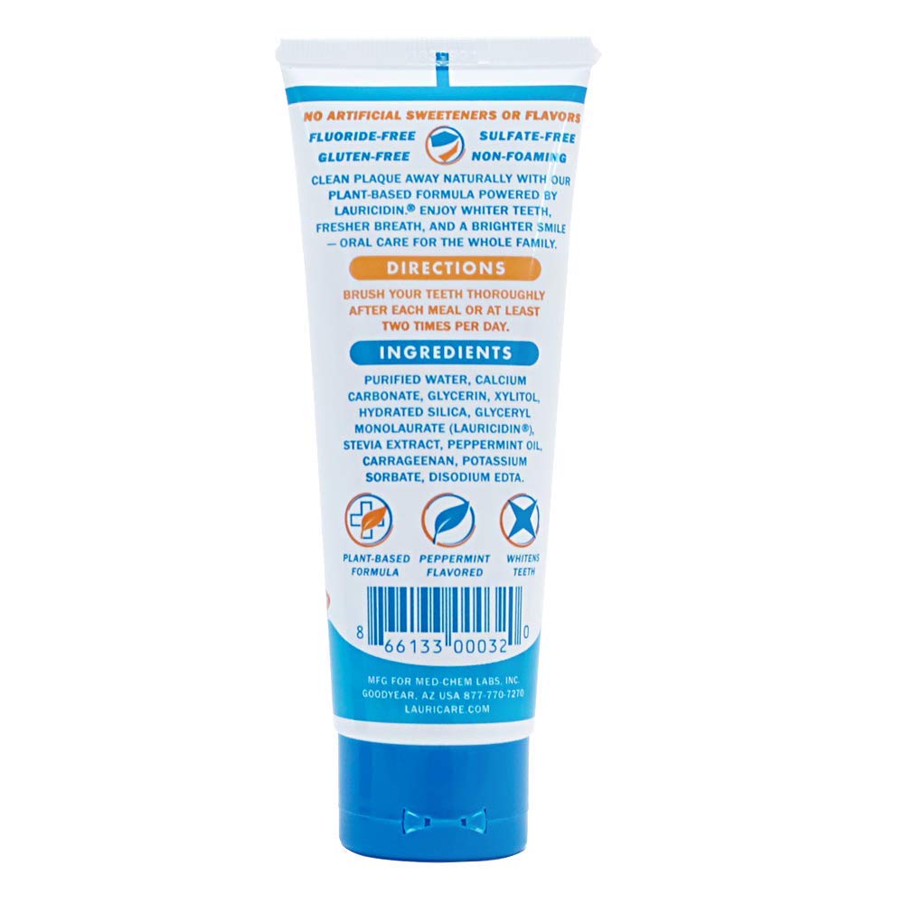 Back label of Lauricidin toothpaste showing fluoride-free and SLS-free