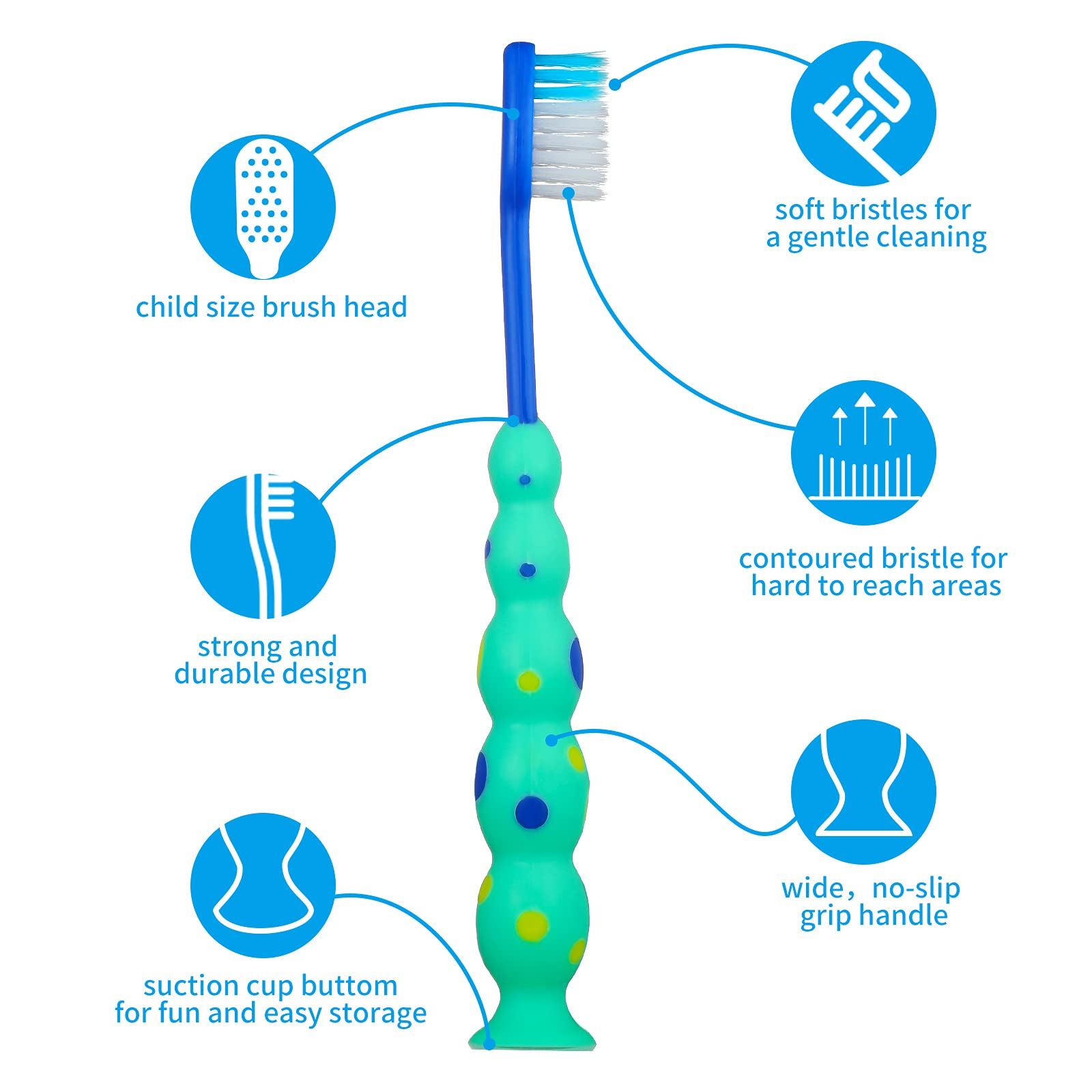 Close-up of colorful toddler toothbrushes with soft bristles