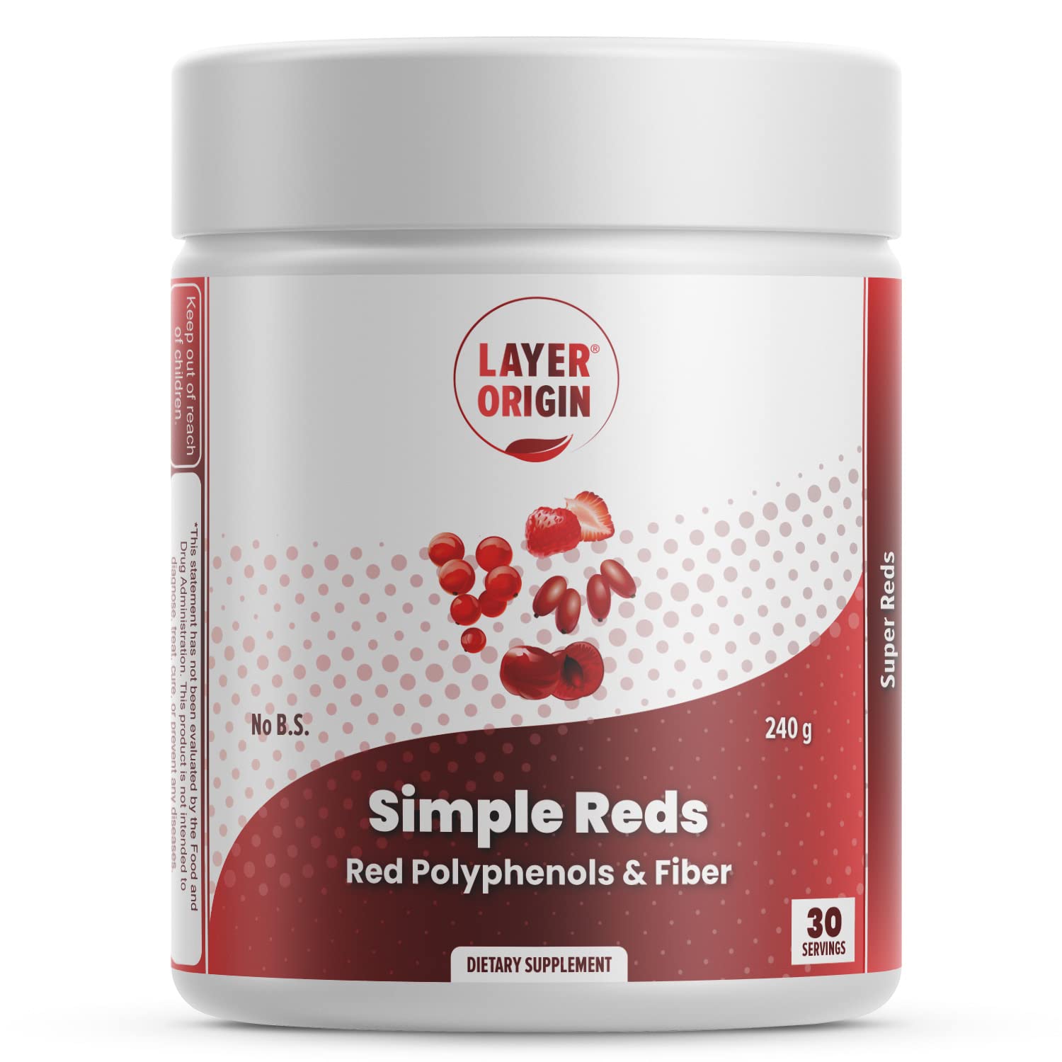 Packshot of Layer Origin Simple Reds Organic Red Polyphenols Powder 30 Servings